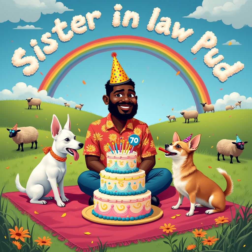 Age 70, Black husband , White English bull terrier , Tan chihuahua x 2, and Sheep Birthday Card