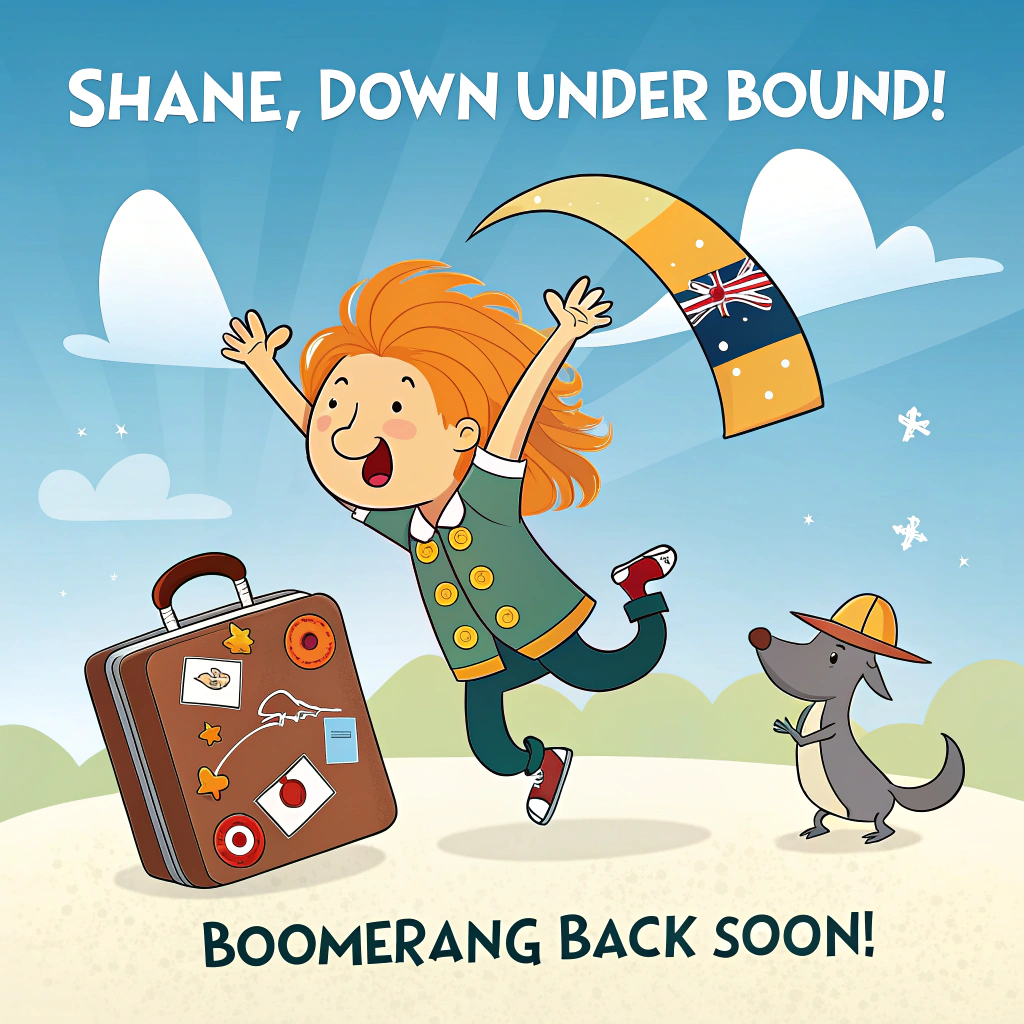 At the top of the Cartoon Style image, "Shane, Down Under Bound!"

At the bottom of the image, "Boomerang back soon!"

- In the center, a playful cartoon scene: an exuberant character with an oversized head and wind-tousled hair surfs a giant boomerang through a bright azure sky, one hand waving, the other clutching a bouncing suitcase with travel stickers (boomerang, kangaroo silhouette). Motion swooshes and confetti dots arc around for energetic movement.
- To the left, a cheerful kangaroo in a jaunty hat bounds alongside, pouch stuffed with tiny moving boxes marked “FRAGILE,” eyes wide and comedic. A koala in a party hat clings to a eucalyptus branch, giving a tiny wave.
- Background: a stylized Australia mash-up—white Sydney Opera House sails and the Harbour Bridge on one side, a warm red Uluru on the horizon, turquoise waves below with a smiling surfboard bobbing. A yellow diamond kangaroo-crossing sign pops from the outback path.
- Style: thick black outlines, exaggerated proportions, bright saturated colors (sunny yellows, ocean blues, coral oranges, bush greens), whimsical, energetic poses. Add playful motion lines, sparkles, and a friendly sun with a wink.
- Typography: big, chunky bubble lettering for the top headline with a soft drop shadow; fun hand-lettered script for the bottom punchline. Leave generous sky space so the text reads boldly.
Generated with these themes: Moving to Australia, and .
Made with ❤️ by AI.