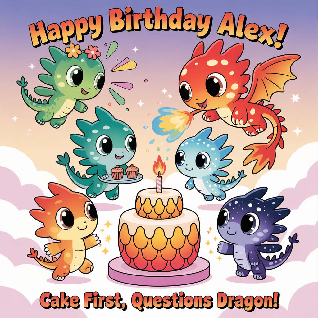 At the top of the Cartoon Style image, "Happy Birthday Alex!"

At the bottom of the image, "Cake first, questions dragon!"

- Center: a joyful Wings of Fire–inspired party in the clouds. A small group of adorable chibi dragons from different tribes gathers around a towering dragon-egg birthday cake with scale patterns and a tiny flame-shaped candle.
- Characters (exaggerated proportions, big sparkly eyes, thick black outlines, energetic poses):
  - A tropical-gradient RainWing with a flower crown puffing rainbow confetti.
  - A teal SeaWing with glowing bioluminescent spots balancing a tray of shell-shaped cupcakes.
  - A fiery orange SkyWing zooming past with an oversized flame-shaped balloon.
  - A cool icy-blue IceWing gently exhaling glittery frost to keep the frosting chilled.
  - A star-speckled NightWing sprinkling sparkling stardust over the scene.
- Mood and palette: cute, celebratory, bright saturated colors (teal, coral, fuchsia, lemon, sky blue, gold). Soft glow around the cake; playful sparkles and confetti bursts.
- Background: dreamy pastel sky, fluffy clouds, streamers shaped like wings and feathers, floating balloons and confetti.
- Composition: portrait orientation; leave generous clean space behind top and bottom text for legibility. Render both lines in bold, bubbly lettering with a light outline and soft drop shadow so they pop against the scene.
Generated with these themes: Wings of Fire, and .
Made with ❤️ by AI.