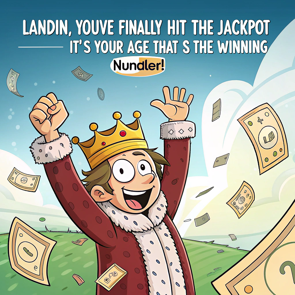 At the top of the image, "Landin, you've finally hit the jackpot — it’s your age that’s the winning number!"

- In the center of the image, illustrate a cartoon-style, over-the-top lotto win scene: Landin, wearing a golden crown and fuzzy birthday robe, is leaping into the air surrounded by flying scratch cards and oversized novelty cheques marked “1 Million Years Young.”

- In one hand, Landin is triumphantly waving a giant scratch-off card that reads “BIRTHDAY BONUS WINNER!”

- Nearby, a crew of confused lottery officials peer at a birthday cake with numbered candles instead of balls in a draw machine.

- In the background, party balloons spell out “B-DAY BINGO!” while a confused bystander whispers, “I didn’t even know you could play your birth year…”

- At the bottom of the image, add the line: “May your year be luckier than your cake-to-candle ratio!”
Generated with these themes: Lotto, and Win.
Made with ❤️ by AI.