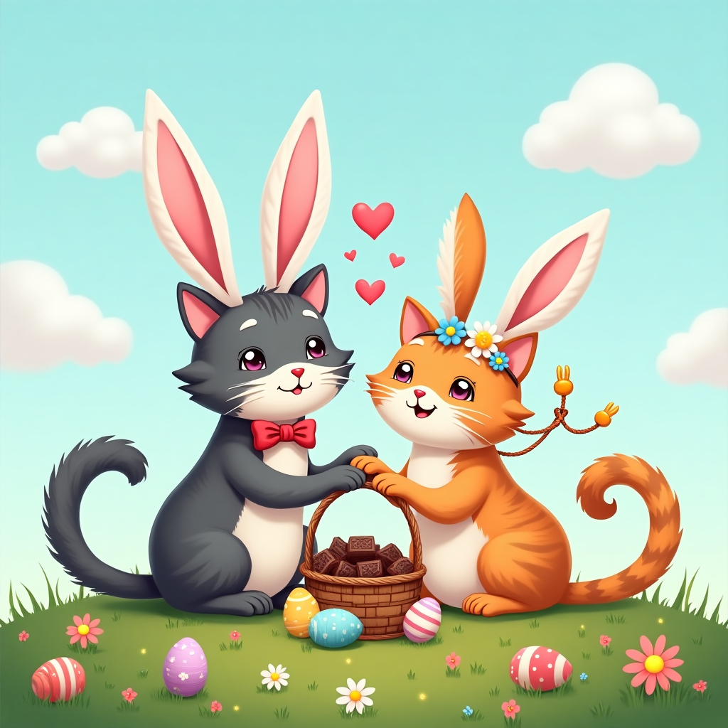 **At the top of the illustration image: “Hoppy Easter, Mark – You’re the whiskers to my twitch!”**

An illustration-style image in a humorous, playful mood. In the center, two cartoon-style cats sit close together on a grassy hill dotted with painted Easter eggs and blooming spring flowers. One cat is male — a grey tabby with a bowtie and oversized fluffy white-and-pink bunny ears. The other cat is female — a calico with a flower crown and equally silly bunny ears that are flopping to one side.  

The cats gaze at each other with dreamy, love-struck expressions. Their tails are curled together into the shape of a heart, and a few pink hearts float above their heads.  

In front of them, a tiny Easter basket spills over with chocolate bunnies, catnip eggs, and one fish-shaped candy wrapped in shiny foil. One cat has gifted the other a daisy chain, now awkwardly wrapped around their paw. In the background, a bright blue sky with fluffy clouds and hopping cartoon bunnies add to the festive spring chaos.

Overall, a joyful, silly scene celebrating love, Easter, and the feline version of romance.
Generated with these themes: Two cats in love wearing bunny ears for Easter. One cat is male, the other one is female. Show that these cats are really in love and romantic .
Made with ❤️ by AI.
