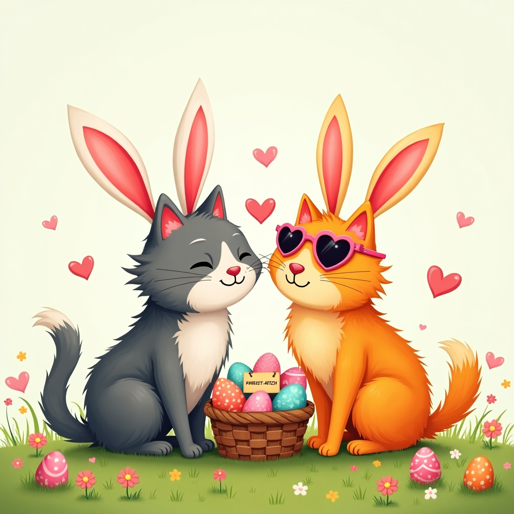 **Prompt for AI Image Generator (Funny Easter Illustration for a Greetings Card):**

At the top of the illustration image, write:  
**"Hoppy Easter, Mark — Somebunny's in love!"**

**Image Description:**  
Create a whimsical and romantic illustration of two cartoon-style cats sitting together in a sunny spring meadow dotted with Easter eggs, pastel flowers, and jelly beans. Both cats are wearing oversized, floppy pink-and-white bunny ears on their heads — the male cat is a grey tabby, slightly scruffy with a charming grin, and the female cat is a fluffy orange cat with heart-shaped sunglasses perched above her nose. They're lovingly rubbing noses, with tiny love hearts floating between them like butterflies. Behind them, a wicker Easter basket overflows with treats and colorful eggs shaped like little hearts. One egg has a note tied to it that reads “Purr-fect Match.” The whole scene radiates lighthearted affection, humor, and seasonal cheer. Style is playful, bright, and cartoonish — think quirky hand-drawn illustration with watercolor textures.
Generated with these themes: Two cats in love wearing bunny ears for Easter. One cat is male, the other one is female. Show that these cats are really in love and romantic .
Made with ❤️ by AI.