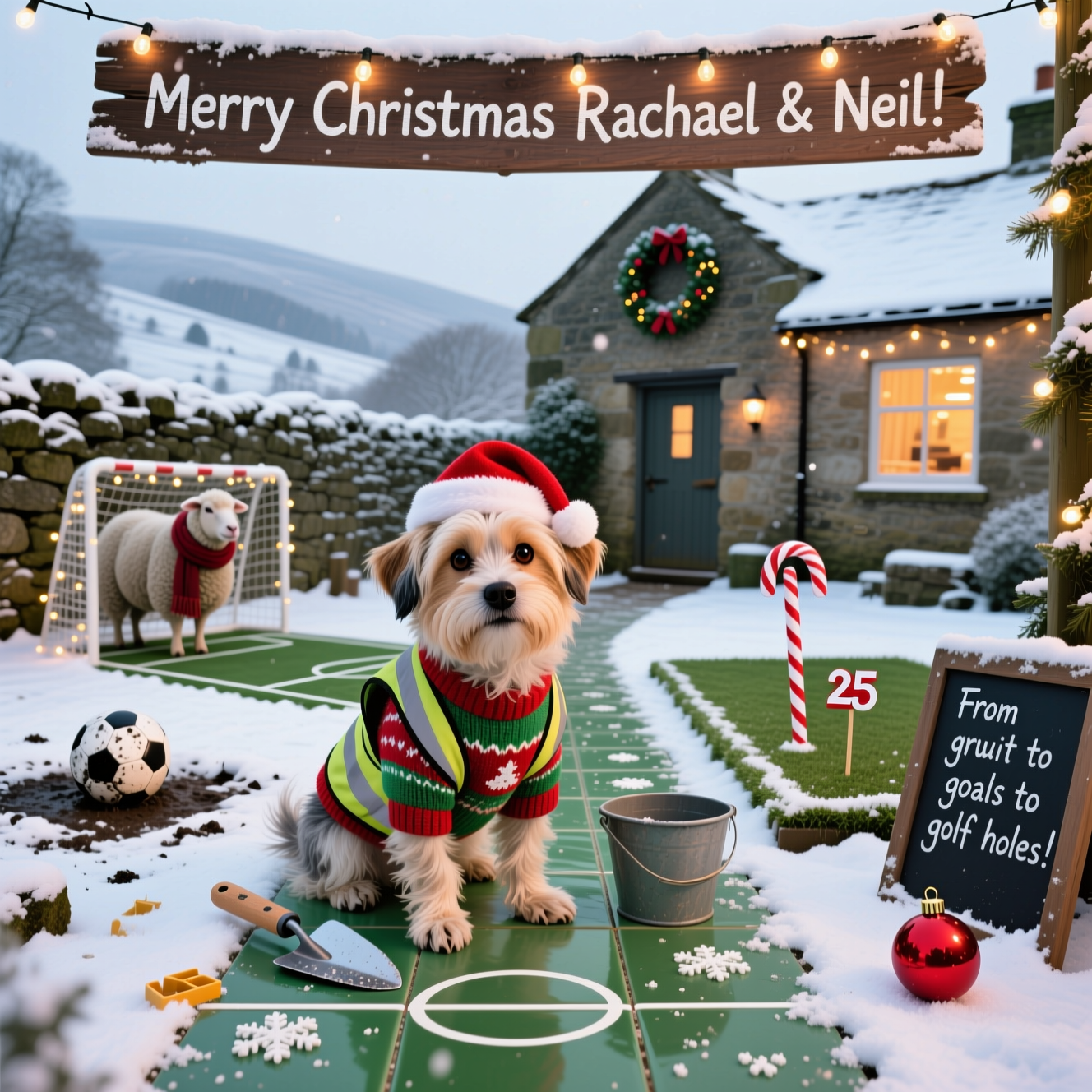 At the top of the Photorealistic picture taken from a camera image, Merry Christmas Rachael & Neil!

Ultra-high-definition 4K UHD photograph, realistic and funny Christmas mood: a cozy Yorkshire Dales farmyard (Emmerdale-style) under a fresh dusting of snow. In the foreground, a Cocka‑Shih‑Tzu (cockashitzu) with expressive big eyes and fluffy, snow-speckled fur sits proudly on a half-finished festive mosaic path being tiled—green glazed ceramic tiles laid like a tiny football pitch with crisp white grout “line markings.” The pup wears a knitted red-and-green Christmas jumper, a tiny Santa hat, and a cheeky hi‑vis tiler’s vest; one paw rests on a tile while a notched trowel and a bucket of adhesive steam in the cold beside him, tile spacers scattered like little snowflakes. Mid-ground to the left: a fairy‑light‑wrapped makeshift football goal between two dry-stone walls, a real muddy football half-buried in snow, and a curious sheep in a woolly scarf “keeping goal.” To the right: a small square putting green made from turf tiles, a candy-cane striped pin marked 25, and a shiny red bauble poised as the “golf ball.” Background: Emmerdale-like stone barn with a holly wreath on the door, warm window glow, twinkling string lights along frost-kissed walls, rolling Dales hills fading into wintry mist, soft flakes drifting down. The top greeting appears as hand-painted white script on a frosted wooden plank banner strung across the top of frame with fairy lights. Include a small, cheeky one-line caption on a chalkboard propped near the bottom right: “From grout to goals to golf holes!” Shot on a full-frame DSLR at eye level with the dog, 50mm lens, f/2.8, ISO 200; natural golden-hour winter light, lifelike textures (wet grout sheen, tile gloss, wool, stone grain), subtle breath vapor, creamy bokeh from the fairy lights, rich depth of field for a true-to-life, camera-captured look.
Generated with these themes: Emmerdale Farm Cockashitzu tiling football golf, and .
Made with ❤️ by AI.