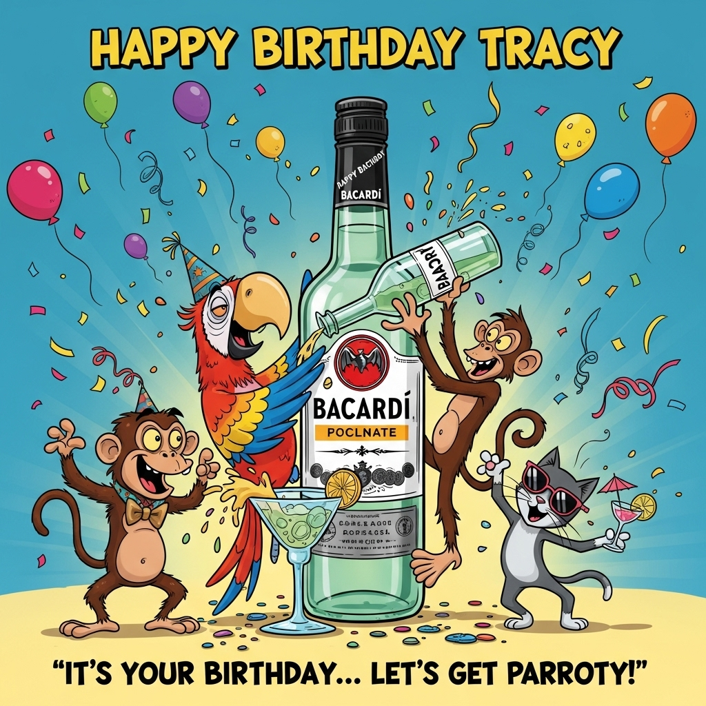 At the top of the Cartoon Style image, write in bold, bubbly letters: **Happy Birthday Tracy**  

A funny, playful cartoon scene: A group of wobbly, wide-eyed party animals (a tipsy parrot, a cheeky monkey, and a dancing cat) are celebrating around a giant bottle of Bacardi that’s almost as tall as they are. The parrot is wearing a party hat, trying to pour Bacardi into an oversized cocktail glass but spilling it everywhere, while the monkey clings to the bottle like it’s a tree trunk, grinning mischievously. The cat is striking a disco pose with sunglasses, holding a tiny umbrella drink. Confetti, balloons, and streamers explode across the background in bright, saturated colors.  

At the bottom of the image, add a funny caption in a playful handwritten font:  
**“It’s your birthday… let’s get parroty!”**  
Generated with these themes: Drinking Bicardi, and .
Made with ❤️ by AI.