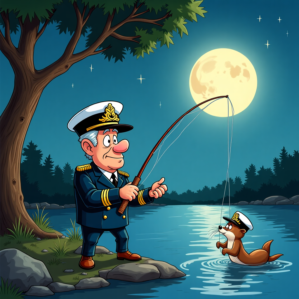 Here’s the prompt:

---
At the top of the illustration image, "Hooked on Fun at 60, Willie!"

A funny, whimsical night-time riverside scene. A 60-year-old admiral — dressed in a slightly oversized, decorated navy admiral’s uniform — is fly fishing by moonlight. His hat is slightly askew, and his fishing line is hilariously tangled in the branches of a nearby tree. By his side, an adorable otter wearing a tiny matching admiral hat is trying (and failing) to help him reel in a comically huge fish. The river sparkles under a full moon, with a few twinkling stars. The whole mood is lighthearted, playful, and silly, with exaggerated cartoon-style expressions of confusion and joy.
Generated with these themes: 60 year old admiral fly fishing at night on a river with an otter.
Made with ❤️ by AI.