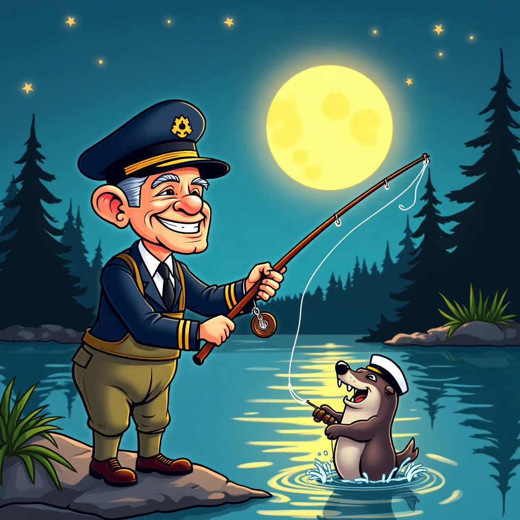 **Prompt for Image:**

At the top of the illustration image, "Reel in Another Year, Willie — You’re Hooked on 60!"

Funny, colorful, nighttime river scene: A grinning 60-year-old admiral, wearing a slightly oversized admiral's hat and full dress uniform with waders, is fly fishing in the moonlight. His fishing rod is bent dramatically, and instead of a fish, an enthusiastic, cheeky otter wearing a tiny sailor hat is tugging at the line from the water. The admiral is trying to maintain his dignity but is slipping a bit on a wet rock. The river glistens under a big, cartoonishly glowing full moon. In the background, trees are silhouetted, and a few twinkling stars scatter the sky. The scene is lively, playful, and whimsically detailed, with a charming, slightly exaggerated cartoon style.
Generated with these themes: 60 year old admiral fly fishing at night on a river with an otter.
Made with ❤️ by AI.