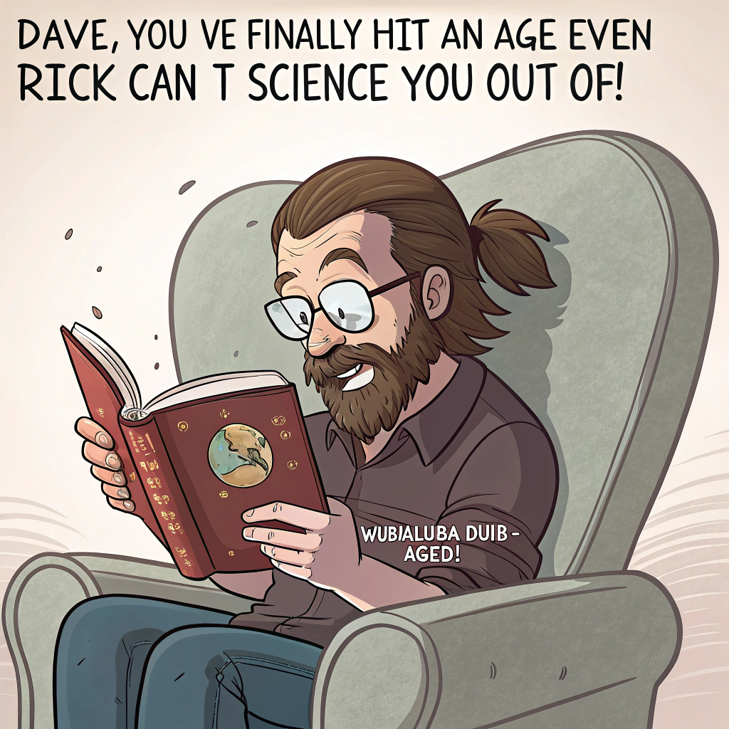 Bearded man with brown hair in a lower back pony tail and glasses reading with a Rick and morty top, and Birthday Card
