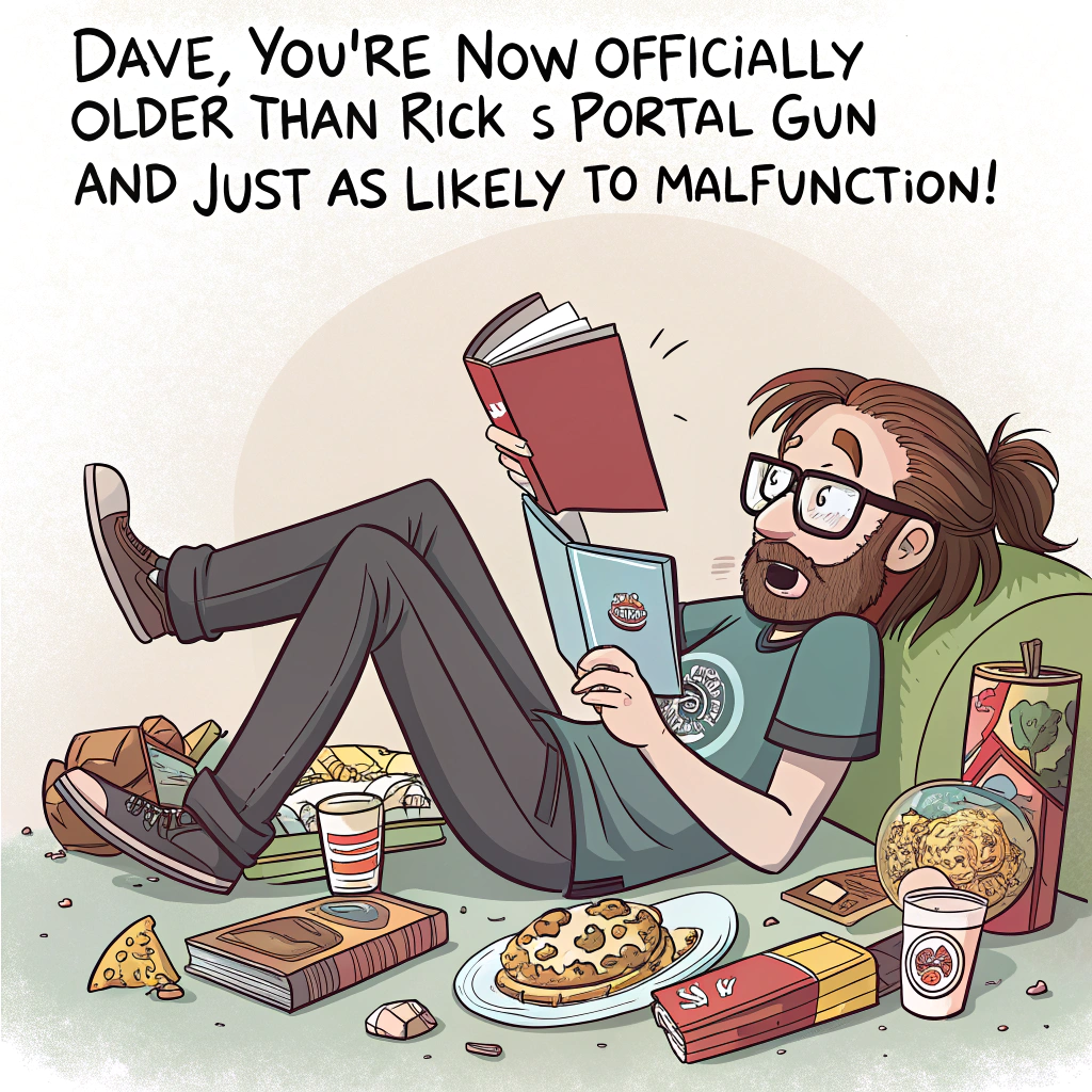 Bearded man with brown hair in a lower back pony tail and glasses reading with a Rick and morty top, and Birthday Card