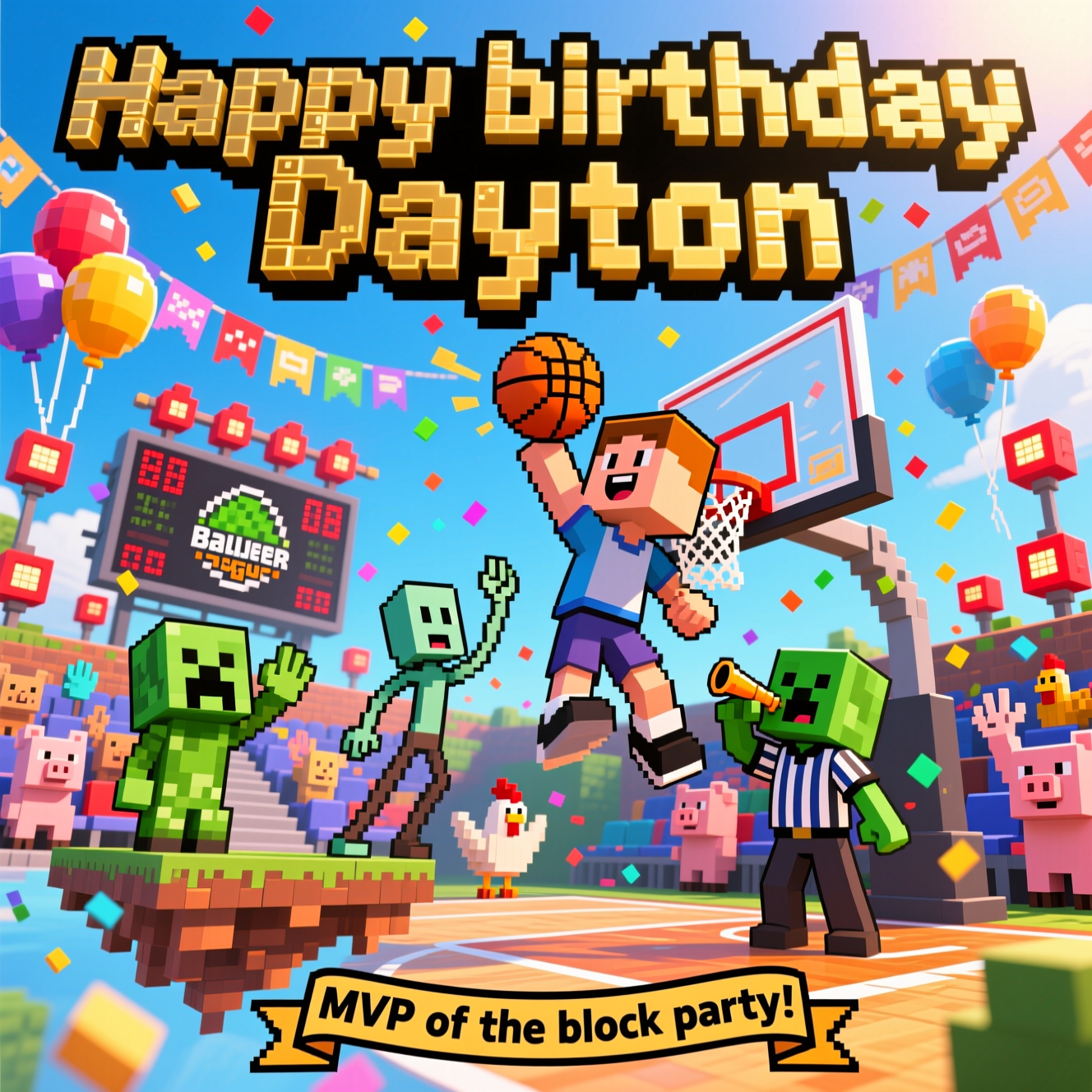 At the top of the Cartoon Style image, “Happy birthday Dayton” in chunky pixel-block letters built from shiny gold cubes with a bold black outline.

A vibrant, funny Minecraft baller league scene: on a floating voxel basketball court, a square-headed player rockets up for a cube-ball slam dunk into a blocky iron-and-wool hoop; a lanky enderman opponent stretches comically and totally misses the block; a green creeper referee in a striped shirt frantically blows a whistle; blocky pigs and chickens in the stands wave foam fingers and shower pixel-confetti; colorful cube balloons and banners drift overhead; redstone lamps glow on a jumbo scoreboard. Exaggerated proportions, thick outlines, bright saturated colors, bouncy cartoon energy, big goofy expressions, and dynamic motion lines. Low-angle wide shot for maximum drama; sunny, cheerful lighting with soft toon shading and crisp outlines.

Small caption at the bottom on a ribbon banner, playful blocky font: “MVP of the block party!”
Generated with these themes: Minecraft baller league, and .
Made with ❤️ by AI.