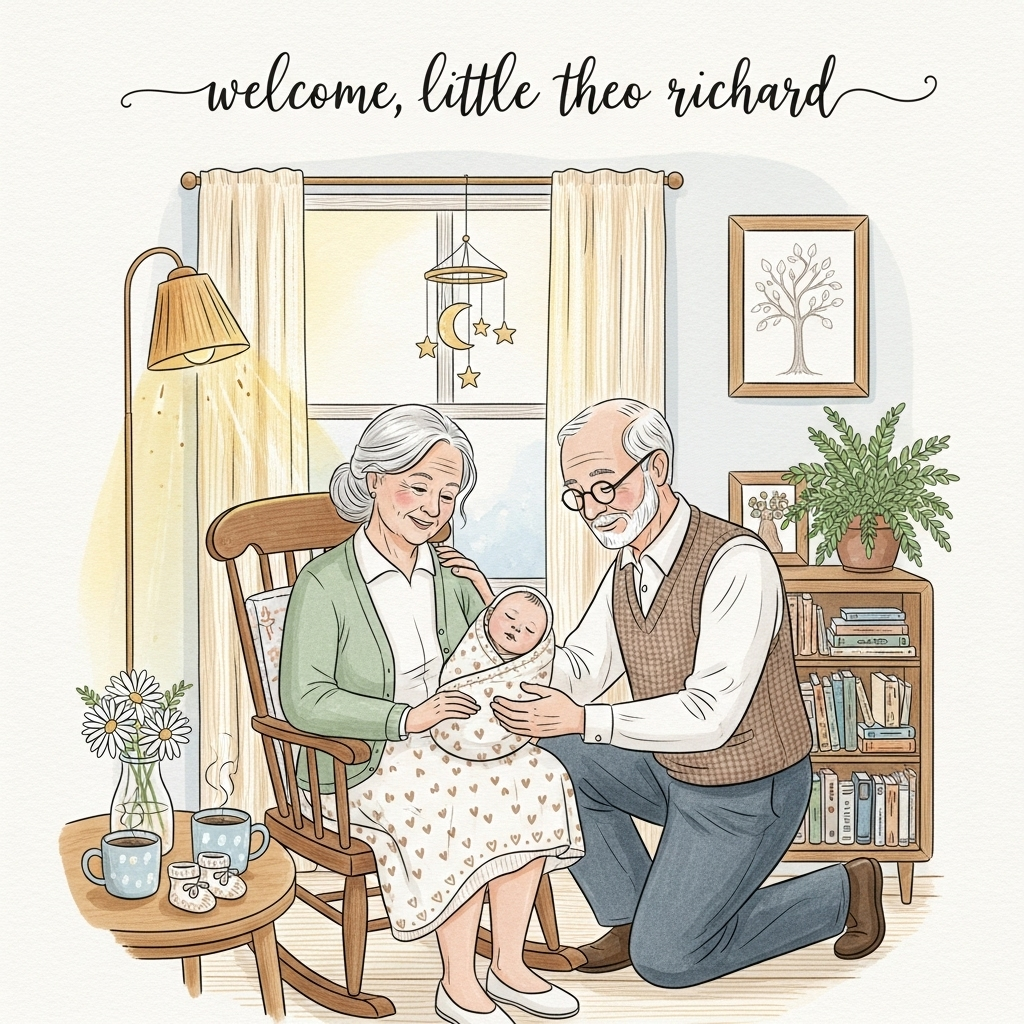 At the top of the Illustration Style image, “welcome, little theo richard” in gentle hand-lettered script, lowercase, warm dove-grey ink, with generous breathing room.

Hand-drawn illustration with fine linework and textured brush strokes. Scene: a cozy, sunlit nursery corner where kind grandparents meet their grandchild. Grandmother sits in a wooden rocking chair wearing a soft sage cardigan, silver hair loosely pinned; grandfather kneels beside her in a tweed vest and reading glasses, one steady hand resting kindly on her shoulder while the other tucks the baby’s knitted blanket. Their faces glow with quiet joy. In their arms, a sleeping newborn swaddled in a hand-knit cream blanket stitched with tiny, subtle heart motifs; a curled fist peeks out, rosy-cheeked and peaceful.

Background details: golden morning light through sheer curtains; a simple framed family tree on the wall with a new leaf gently sketched in; a small bookshelf of picture books; a potted fern; a star-and-moon mobile dangling softly overhead. On a nearby side table: two steaming mugs, a small vase of daisies, and tiny knitted booties. Balanced, triangular composition (grandparents forming the base, the baby at the heart), ample negative space around the figures, calm and sincere.

Color palette: warm honey, blush pink, soft sage, powder blue, linen cream, and soft charcoal linework. Visible paper grain, light watercolor washes, and soft, feathered shading; edges subtly vignetted for a tender focus. Minimal, unobtrusive background texture; no harsh contrasts or neon hues.

Optional small caption at the bottom in delicate italic hand: “grand hearts, tiny miracle.”
Generated with these themes: Kindness grandparents, and .
Made with ❤️ by AI.