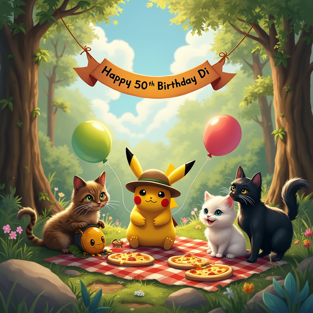 Pikachu, Pizza, Cats, Geocaching, and Pikachu geocaching in forest with cats eating pizza and Happy 50th Birthday banner Birthday Card