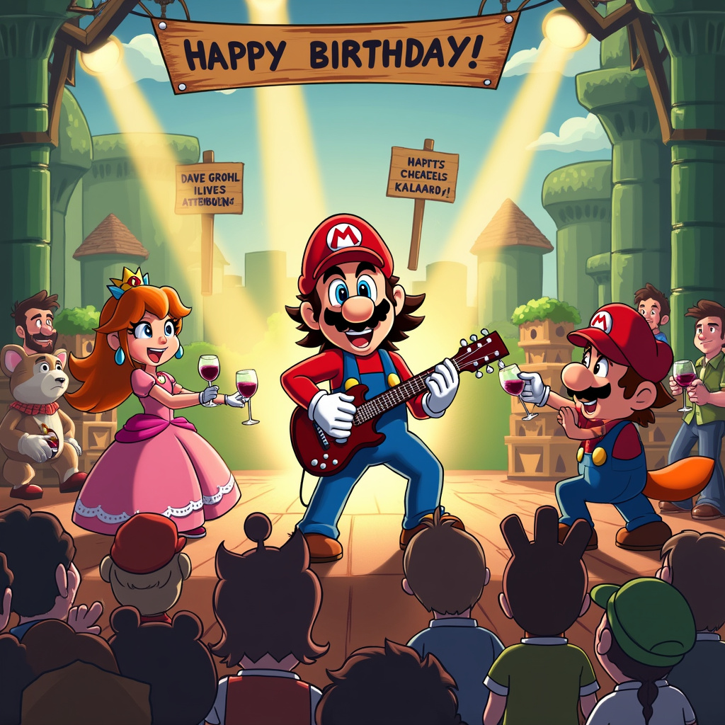 Dave Grohl cheating , Wine, Concert, Super Mario, Crash Bandicoot, Animal Crossing, and Princess Peach Birthday Card