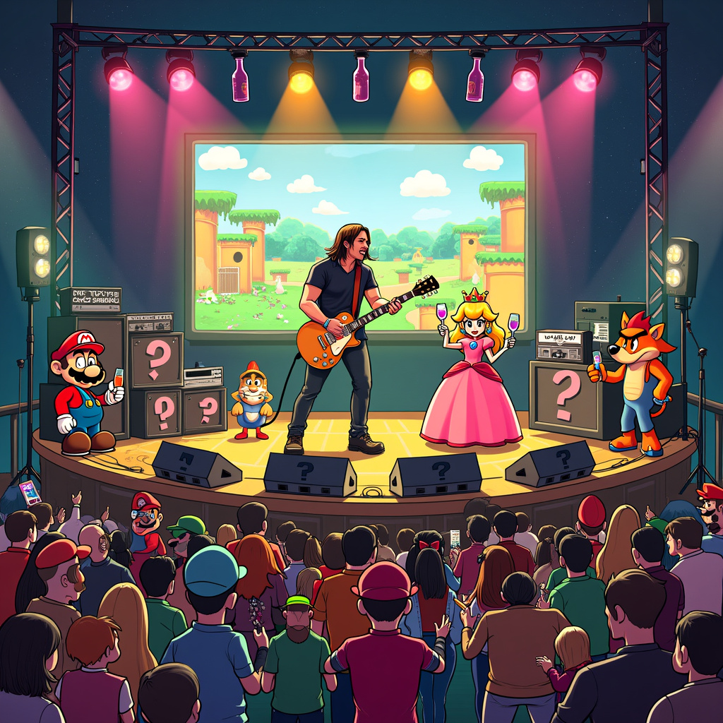 Imagine a vibrant, chaotic concert hall as the backdrop, filled with the excitement of a live gig. On stage, we have the rock legend himself, Dave Grohl, mid-performance with his guitar, but wait—Princess Peach is holding a microphone, singing a duet with him. The background amps are decorated with iconic Super Mario question mark blocks, and neon lights shaped like wine bottles hang above the stage, creating a festive atmosphere. 

In the audience, Animal Crossing characters like Tom Nook and Isabelle are front and center, waving glow sticks and enjoying the music. Off to one side, you can see Mario and Crash Bandicoot, both holding wine glasses and chatting animatedly as if catching up on old times. Near them, a large screen shows snippets of the concert interspersed with gameplay footage from their respective games.

Adding to the hilarity, Princess Peach is holding a piece of paper with the words "Dave Grohl's Cheatsheet" visible, hinting at some behind-the-scenes shenanigans. At the far end, in the VIP section, you notice Mario sneakily trying to drink from a massive wine bottle while Luigi snaps a photo on his phone. 

On stage left, the backdrop includes a vibrant mural depicting a mash-up world where Mushroom Kingdom and Wumpa Islands merge, with various elements like Mario's green pipes entwined with Crash Bandicoot's TNT crates.

This birthday greeting card scene is a whimsical fusion of rock concert energy, beloved video game characters, and a dash of humorous intrigue that promises to be a conversation starter for any birthday celebration.
Generated with these themes: Dave Grohl cheating , Wine, Concert, Super Mario, Crash Bandicoot, Animal Crossing, and Princess Peach.
Made with ❤️ by AI.