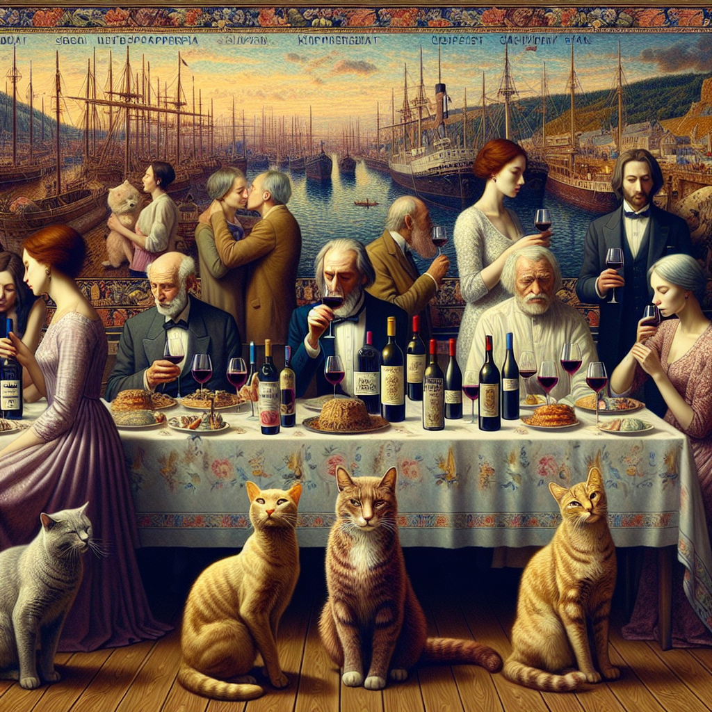 Visualize a room where time seems to distort, hosting a birthday celebration embodying an aesthetic of Surreal Realism. The backdrop comprises a tapestry depicting a port from the 19th Century, brimming with technological progress and trade. At the party, folks appreciate finely aged red wine, the labels on the bottles signifying historic vineyards. Cats with fur as deep and rich as the wine wander around quietly, their eyes radiating curiosity. Among the guests, a pair of Caucasian and Middle-Eastern lesbian women, engrossed in their own universe, share tender looks and gentle whispers. Their romance offers a quiet narrative against the backdrop of history. The scene encapsulates the strange fusion of the past and the present, all within the warmth of celebration.
Generated with these themes: Anno 1800, Red wine, Cats, and Lesbians.
Made with ❤️ by AI.