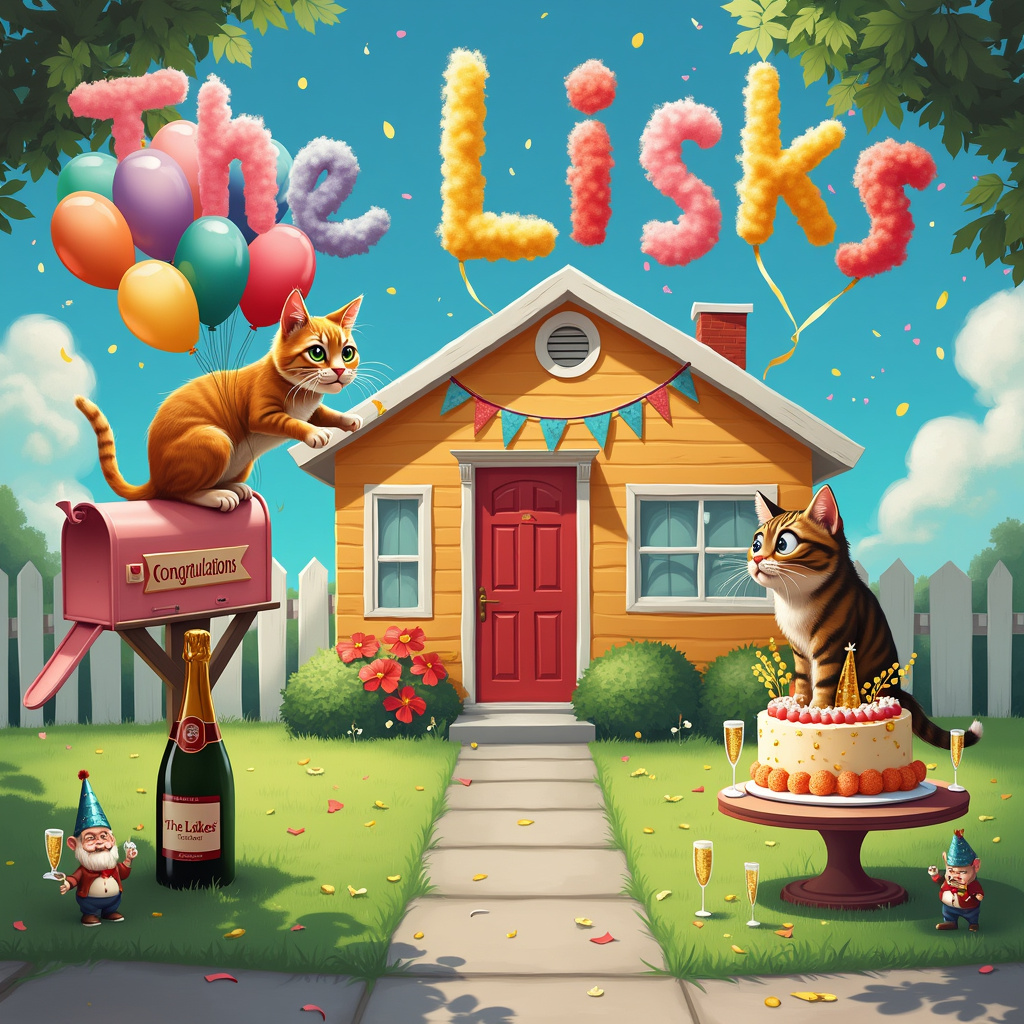 Congratulations Banner, New Home Banner, Two Tabby Cats, Champagne, and Balloons Congratulations Card