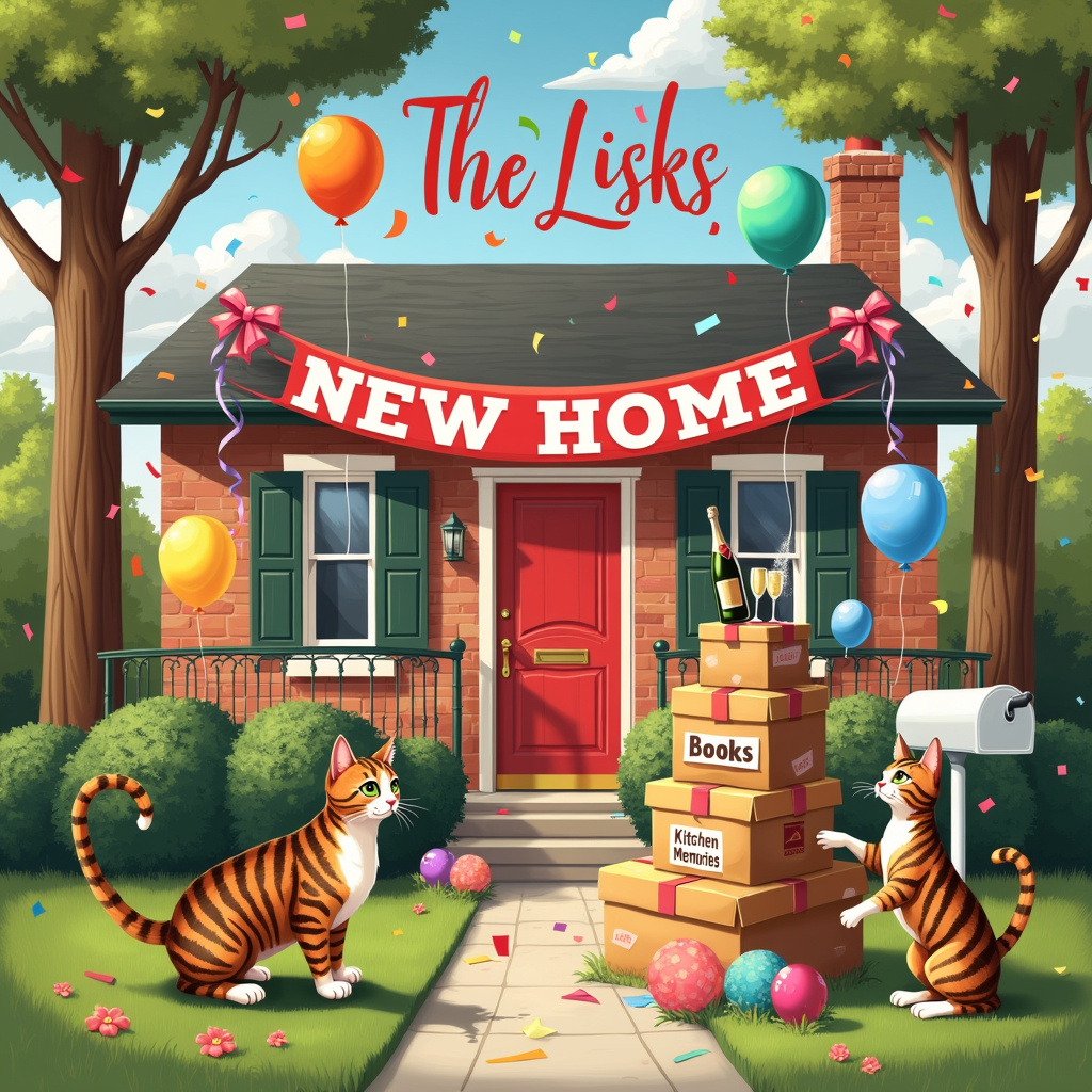Congratulations Banner, New Home Banner, Two Tabby Cats, Champagne, and Balloons Congratulations Card