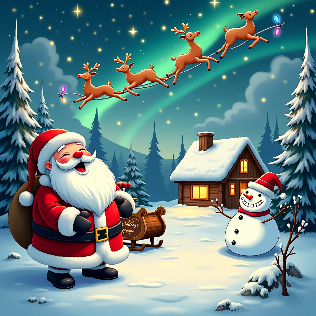 Winter landscape with santa Christmas Card