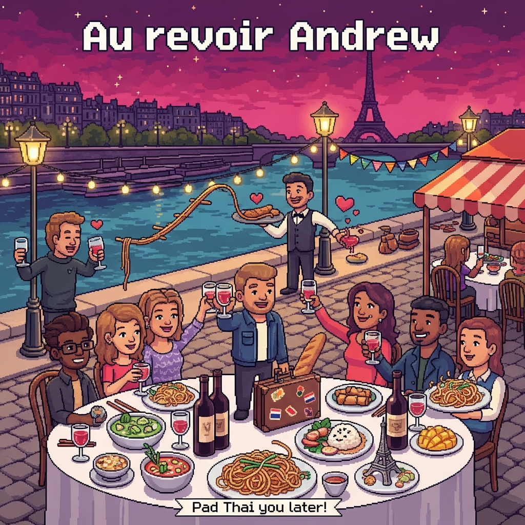 At the top of the Pixel Art Style image, "Au revoir Andrew" in bold white 8-bit letters with a soft drop shadow.

Crisp 8-bit pixel art with a vibrant, limited palette, chunky square pixels, and nostalgic video-game charm. Paris at dusk on the Seine: a dithered magenta-to-navy sky with twinkly 8-bit stars and the Eiffel Tower in silhouette. Riverside café scene in isometric view: a long cobblestone quay with string lights and a striped awning.

Center foreground: a lively table overflowing with Thai food and wine—steaming pad thai, green curry, tom yum, mango sticky rice, spring rolls; open bottles of red and white wine and clinking pixel glasses. Eight friends (exactly 4 women and 4 men, diverse looks and skin tones), laughing and toasting. Andrew stands in the middle with a small suitcase stickered with tiny pixel flags and a baguette peeking out, getting a big group cheers. Gay-friendly vibe: two men hold hands with a tiny rainbow heart above them; subtle pride-flag bunting hangs between lampposts.

Funny touches: a comically long noodle stretches across the whole table like a tightrope, a waiter teeters by with a tray of Thai dishes and one baguette, a splash of wine makes a little heart, and one pad thai mound is cheekily shaped like a mini Eiffel Tower. The Seine glows with chunky pixel reflections; no anti-aliasing, clean outlines, subtle dithering, limited 32-color feel.

At the bottom in a tiny pixel ribbon, a single cheeky caption: "Pad Thai you later!"
Generated with these themes: Wine, friends, Thai food, paris, gay, 4 women, 4 men , and .
Made with ❤️ by AI.