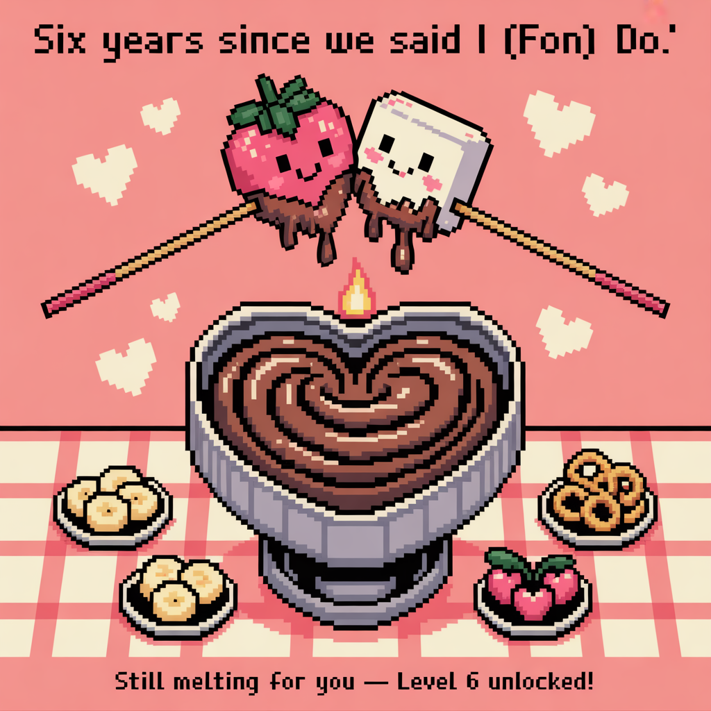 At the top of the Pixel Art Style image, "Six years since we said 'I (fon) do.'"

At the bottom of the image, "Still melting for you — level 6 unlocked!"

- Crisp 8-bit pixel art with a vibrant, limited palette, chunky square pixels, and nostalgic video-game charm; portrait orientation.
- Center a heart-shaped chocolate fondue pot on a red-and-cream pixel-checkered tablecloth; a tiny flickering pixel flame beneath. The glossy chocolate swirl subtly forms the number 6 on the surface, with chunky highlight pixels.
- Two cute dipped buddies on skewers—one strawberry and one marshmallow—with tiny smiling faces and rosy cheeks, leaning toward a chocolatey kiss above the pot. Big square drips of chocolate trail from them.
- Surround the pot with small pixel plates of dippables (banana coins, pretzel loops, and berry bites), each with tiny dot eyes for extra cuteness.
- Six tiny pixel heart icons float up like a retro HUD on either side of the pot to nod to the sixth anniversary; sprinkle a few twinkly pixel stars.
- Background: cozy midnight-navy with gentle dither from dark to slightly lighter, plus warm golden string lights in chunky pixels.
- Typography: headline and punchline in bold, chonky 8-bit font—white letters with chocolate-brown outline and a soft drop shadow for readability; keep generous padding so the text is hero.
- Palette limit suggestion: cocoa brown, cream, cherry red, blush pink, warm gold, mint teal, midnight navy. 
- Keep it cute and clean—no extra text beyond the two lines.
Generated with these themes: Chocolate fondue, and .
Made with ❤️ by AI.