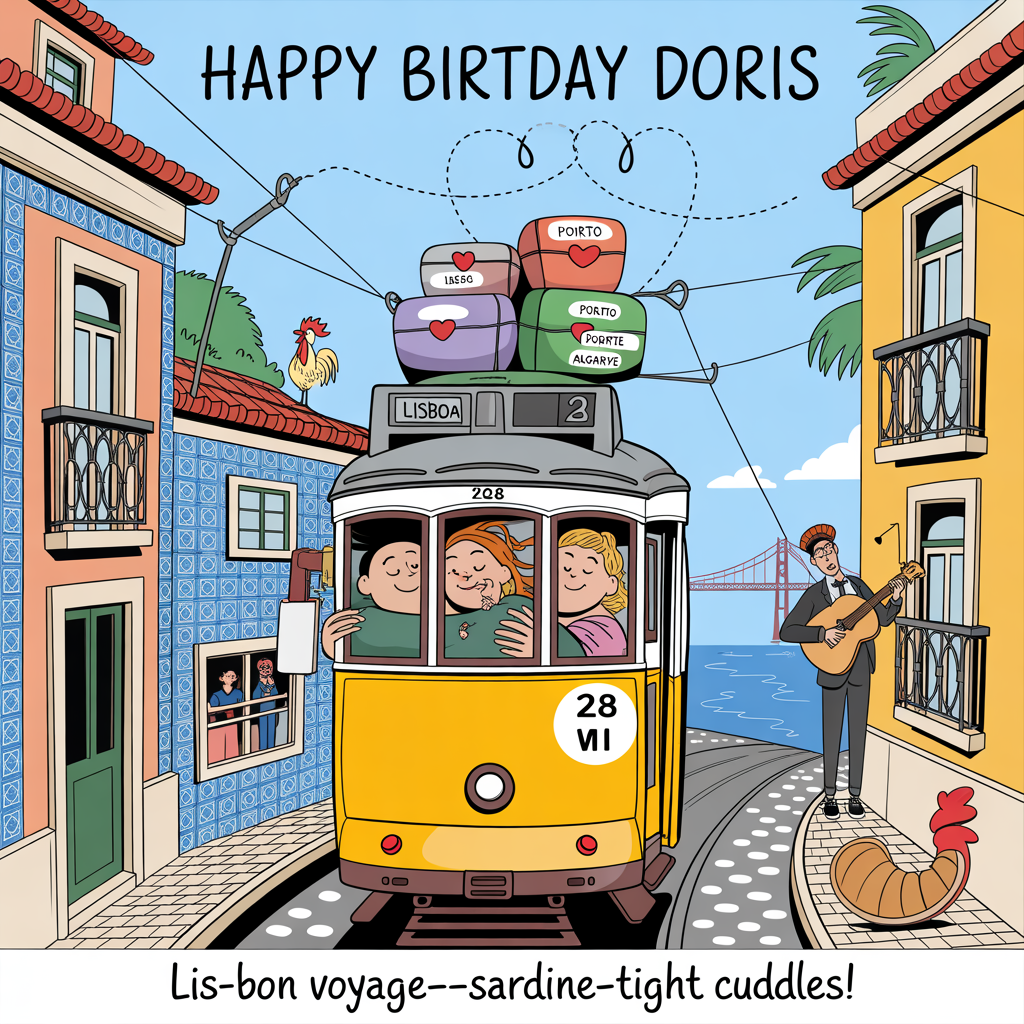 At the top of the Cartoon Style image, "Happy Birtday Doris"

At the bottom of the image, "Lis-bon Voyage—sardine-tight cuddles!"

- Scene: A playful, exaggerated cartoon couple cuddling on the bright-yellow Lisbon Tram 28 as it clatters up a steep, cobbled hill. Their limbs are elastic and loopy, snuggled in an oversized azulejo-pattern scarf that curls into a heart.
- Portugal vibes: Blue-and-white tile walls, pastel houses with tiny balconies and fluttering laundry, a cheeky Galo de Barcelos rooster sign, a fado guitarist strumming, and the Tagus River with the 25 de Abril Bridge in the distance.
- Travel detail: Stacked suitcases on the tram roof with sticker badges reading “Lisboa,” “Porto,” and “Algarve.” A dotted-map path swirls through the air forming mini hearts.
- Food gag: A giant pastel de nata on the seat between them, with a bite taken in the shape of a heart; a nosy seagull eyes it from the window.
- Fun accents: Little heart-shaped sardines bobbing around them, motion lines, and confetti-like tile fragments.
- Style: Thick black outlines, bright saturated colors, bouncy proportions, and whimsical, energetic poses.
- Text styling: Top headline in big bubbly hand-lettering with a white stroke and drop shadow; bottom punchline on a playful tram-ticket ribbon.
Generated with these themes: Traveling, Portugal, Cuddling, and .
Made with ❤️ by AI.