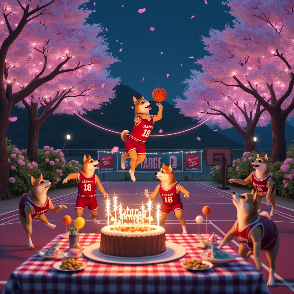 In the scene, imagine a vibrant basketball court illuminated by the glow of neon lights, creating a festive atmosphere perfect for celebrating an 18th birthday. The court is outdoors, surrounded by cherry blossom trees in full bloom, their petals gently cascading down like confetti. Center stage is a lively game of basketball, but with a quirky twist: the players are an adorable team of Shiba Inu dogs, each dressed in tiny basketball jerseys with their names printed on the back. The star player, a Shiba Inu named “Barkley,” is mid-jump, going for a slam dunk, with his tongue adorably sticking out in concentration.

On the sidelines, a giant birthday cake shaped like a basketball sits atop a picnic table covered with a checkered tablecloth. The cake is decorated with sparklers that spell out “Happy 18th Birthday!” Around the cake are plates filled with dog-friendly treats, balloons tied to the table legs, and colorful party hats scattered about. Behind the table, a banner strung between two trees reads “Hoops and Howls: Celebrating 18!” in bold, playful lettering.

Among the spectators, more Shiba Inu dogs can be seen, some holding foam fingers and others waving miniature flags that display the number 18. There’s even a Shiba Inu DJ in oversized headphones, spinning upbeat tracks on a turntable set up on a wooden platform. In the background, a scoreboard humorously displays the score as “Humans: 0, Shibas: 18,” indicating the dogs’ overwhelming victory.

Every element in the scene, from the sporty Shiba Inu dogs to the basketball-themed birthday decorations, weaves together to create a humorous and heartwarming tableau that perfectly captures the joyous spirit of an 18th birthday celebration.
Generated with these themes: Basketball, Shiba Inu Dogs, and 18th Birthday.
Made with ❤️ by AI.