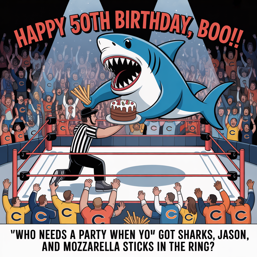 Shark, Jason Voorhees, chocolate cake, WWE wrestling, Chicago Bears, mozzarella sticks, and Birthday Card