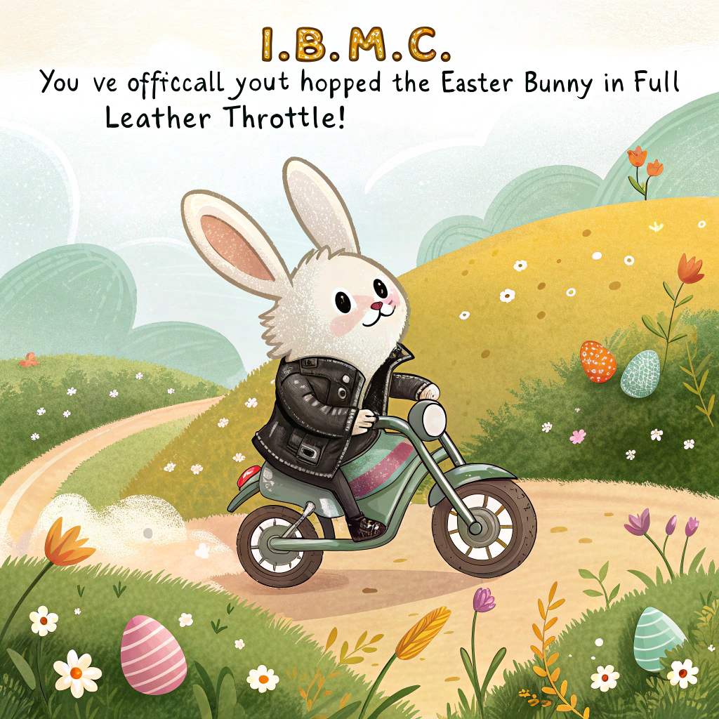 Bunny riding , Mini Motorcycle , Meadow , Leather jacket, and Easter eggs Easter Card