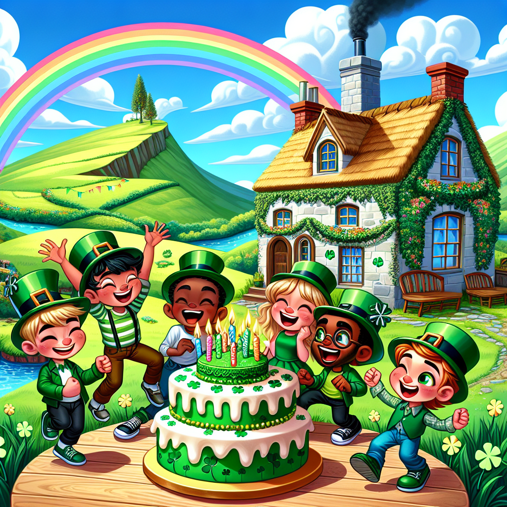 Create a whimsical cartoon birthday scene set in a quintessential Irish locale. Depict a lively background with vibrant green, undulating hills and a radiant rainbow arcing over a traditional, charming Irish cottage. Include a dynamic group of cartoon children of various descents such as Caucasian, Hispanic, Black, Middle-Eastern, South Asian, each wearing festive green party hats and dancing amidst clover-shaped decorations. Show them radiating joy and laughing around a prominent birthday cake, which is topped with a humorous caricature of a mythical leprechaun. The children's celebration unfolds with uninhibited glee set against the photogenic backdrop of Ireland's picturesque landscape.
Generated with these themes: Ireland grwndchildren.
Made with ❤️ by AI.