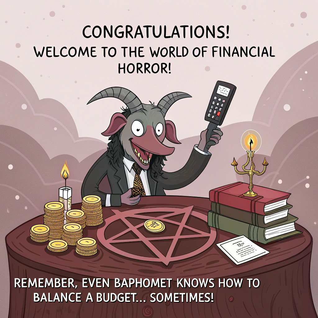 At the top of the image, "Congratulations! Welcome to the world of financial horror!"

Add at the bottom of the image, "Remember, even Baphomet knows how to balance a budget... sometimes!"

- In the center of the image, depict a whimsical cartoon scene where a cheerful Baphomet is seated at a pentagram-shaped desk, surrounded by stacks of coins and goblets of wine. With one hand holding a calculator and the other playfully raising a glass, Baphomet is balancing ledgers with comical concentration. Bright, exaggerated colors bring a lively and humorous energy to the scene, with imps in the background joyously juggling coins and wine bottles.
Generated with these themes: Satan, Baphomet, Pentagram, Wine, Alchohol, and .
Made with ❤️ by AI.