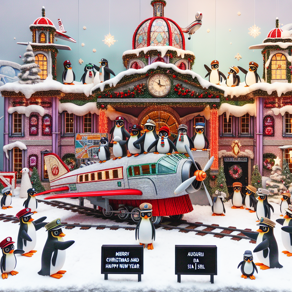 A bustling winter scene depicts penguins in engineer hats, managing a railway station where a train-plane hybrid is stationed. Decorations and lights adorn the equipment, while the message 'Merry Christmas and Happy New Year' and 'AUGURI DA SIA SRL' are playfully incorporated into billboards at the scene.
Generated with these themes: Merry Christmas and Happy New Year from a company that produces equipment for trains and airplanes.
Made with ❤️ by AI.