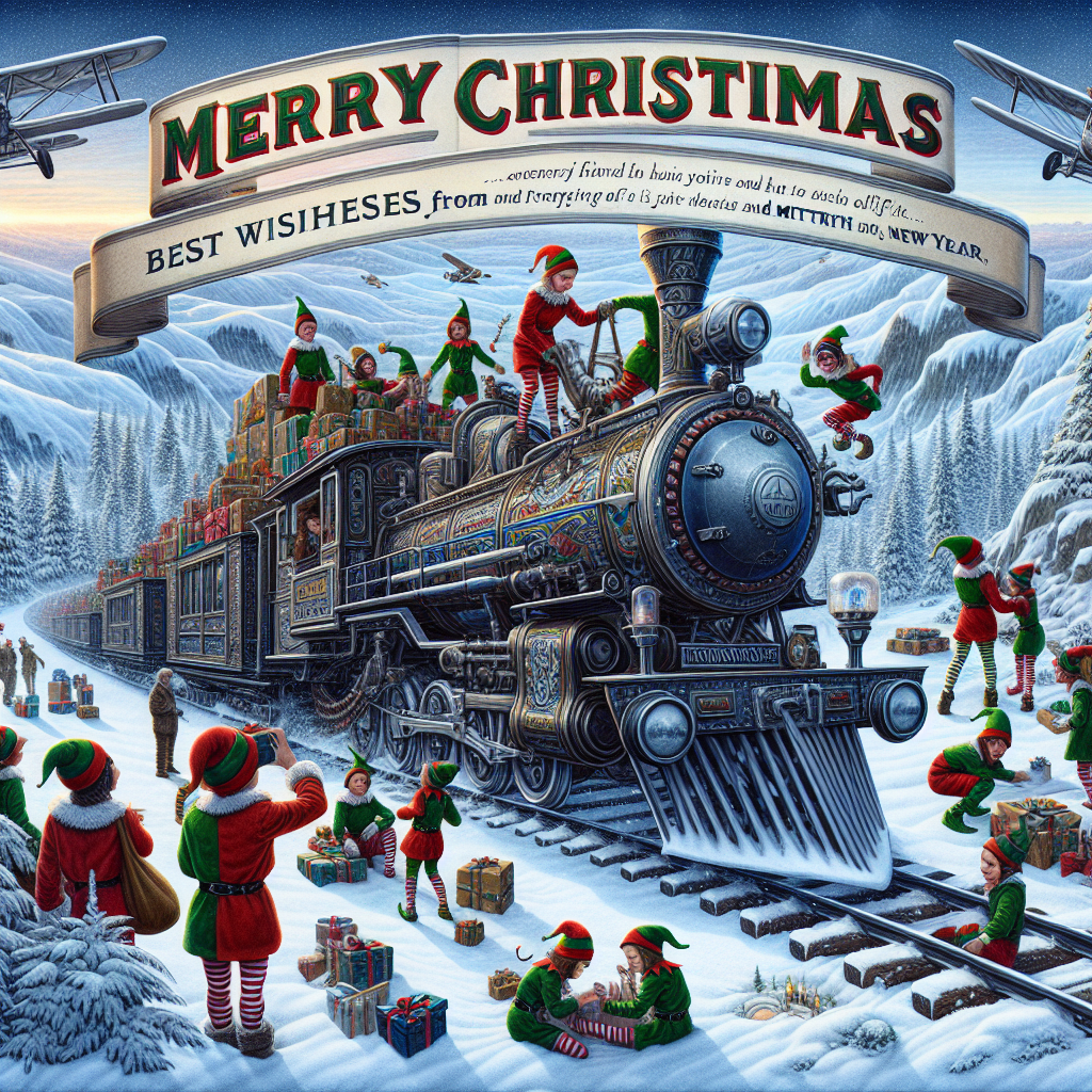 An illustration features a group of elves loading gifts into a train with wheels for rails and propellers for flight, ready to depart from the North Pole. Above the train, the festive greeting 'Merry Christmas and Happy New Year' is emblazoned alongside the company's wish 'AUGURI DA SIA SRL', integrated into the snowy landscape.
Generated with these themes: Merry Christmas and Happy New Year from a company that produces equipment for trains and airplanes.
Made with ❤️ by AI.