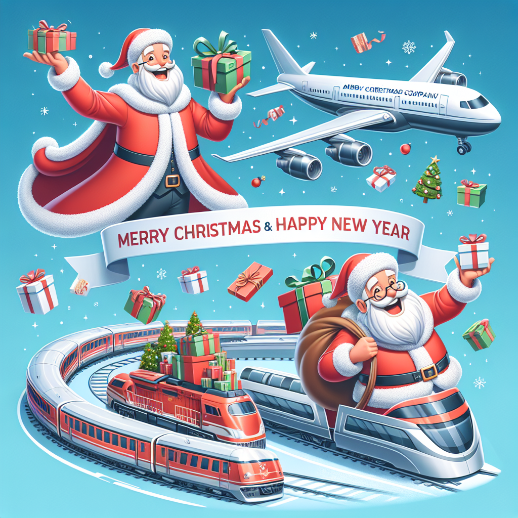 A jolly Santa Claus, dressed in traditional red and white, is playfully conducting a train full of presents while flying an airplane overhead, waving to the viewers. Below the festive scene, a sleek, modern train and airplane are showcased with a ribbon banner that reads 'Merry Christmas and Happy New Year' along with 'AUGURI DA SIA SRL'.
Generated with these themes: Merry Christmas and Happy New Year from a company that produces equipment for trains and airplanes.
Made with ❤️ by AI.