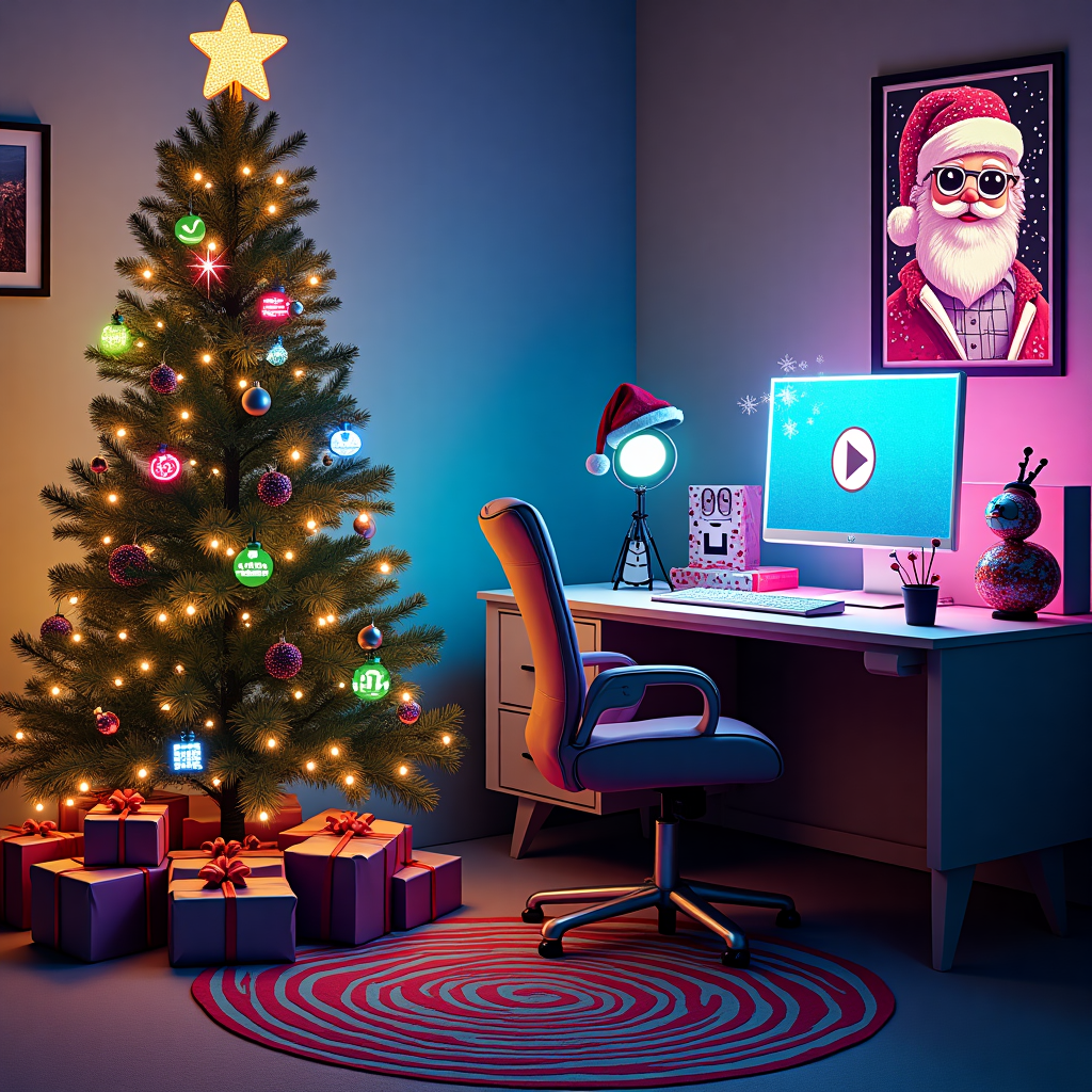 Imagine a vibrant and whimsical Christmas living room, where a tech-savvy family is about to celebrate the holiday season in style. The centerpiece of the room is a towering Christmas tree, adorned with quirky decorations like mini LED screens, each displaying quirky animations and pixel art, reminiscent of retro video game graphics. The tree's tinsel glimmers with hues of neon green and electric blue, reminiscent of futuristic tech aesthetics. Beneath the tree, presents are piled high, wrapped in metallic paper that shimmers with geometric patterns akin to circuit boards.

In the foreground, a sleek, modern computer desk takes center stage. On the screen, the Tubeclip logo is prominently displayed, its design cleverly integrated with Christmas cheer. The logo morphs into a Santa hat-wearing video play button, surrounded by virtual snowflakes cascading down the screen. On the desk, a mouse decorated with reindeer antlers and a keyboard draped with festive string lights add to the scene's charm.

In the background, an abstract portrait of a geeky Santa Claus hangs on the wall, styled in a pop-art manner with vibrant colors and thick lines, as if created by combining elements from the artists you admire. On the floor, a playful robot toy in the shape of a snowman zips around, leaving a trail of digital snow behind it.

Finally, the scene is tied together with a patterned rug on the floor, designed with concentric circles reminiscent of sound waves, creating a harmony between traditional Christmas decor and modern digital flair. This detailed depiction encapsulates the essence of a high-tech holiday, perfect for a quirky Christmas greeting card.
Generated with these themes: Chistmas tree scene with tubeclip logo on computer screen.
Made with ❤️ by AI.
