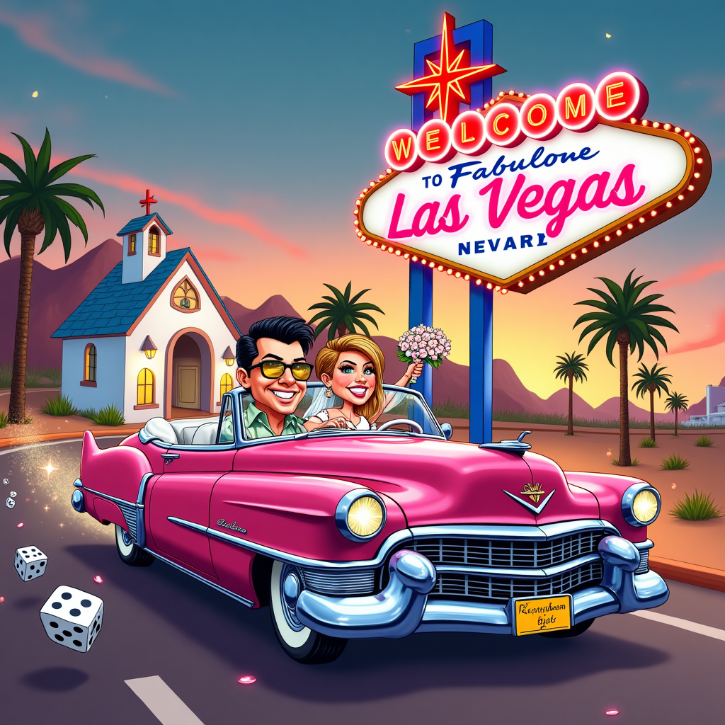 Konstantin & Kirsty cruise off from a little white Las Vegas chapel in a shiny Elvis-pink Cadillac, Chapel has the traditional Elvis Presley sign "Love", Instead of the “Welcome to Las Vegas” sign, show the words: “Happy First Wedding Anniversary” in the same style., Add “Konstantin & Kirsty” in one line, glowing like neon lights., , and Anniversary Card