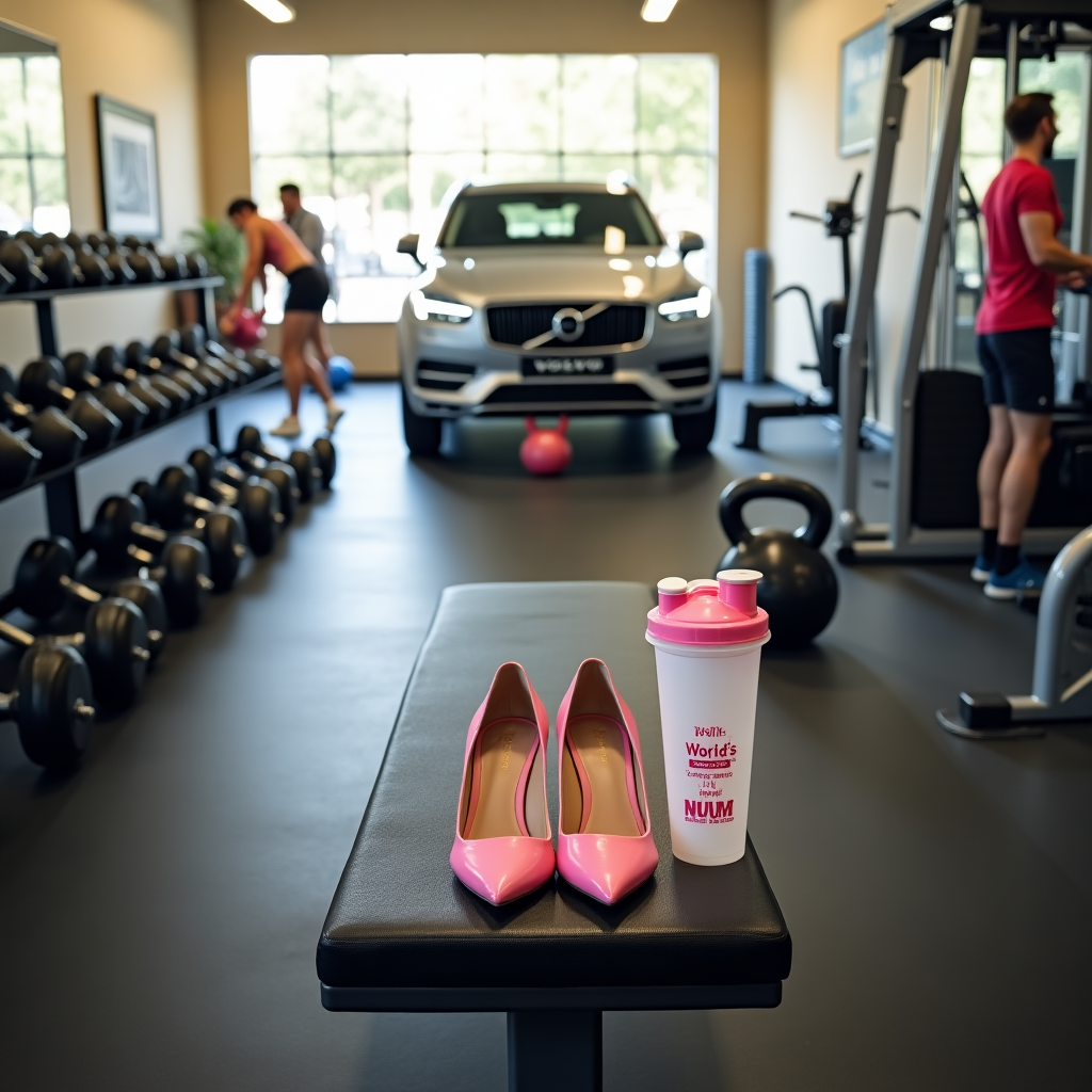 At the top of the realistic photograph image, "Happy Mother's Day, Jill – Still lifting more than your kids ever will!"

**Prompt for image (realistic photograph style, funny mood):**  
A bright, bustling gym filled with weights and cardio equipment. Front and center is a pair of dainty pink high heels comically sitting on a weightlifting bench, with a protein shaker that reads "World’s Strongest Mum" beside it. Surrounding the bench are enormous dumbbells and a slightly tangled yoga mat. In the background, visible through the large gym window, is a gleaming silver Volvo SUV parked perfectly between two absurdly tiny cars, making it look like a superhero vehicle among mortals. A gym-goer is visibly confused trying to move a kettlebell shaped like a diaper bag. Natural lighting and warm tones bring a sunny, cheeky realism to the photo.
Generated with these themes: Working out at the gym, and Volvo suv in background.
Made with ❤️ by AI.