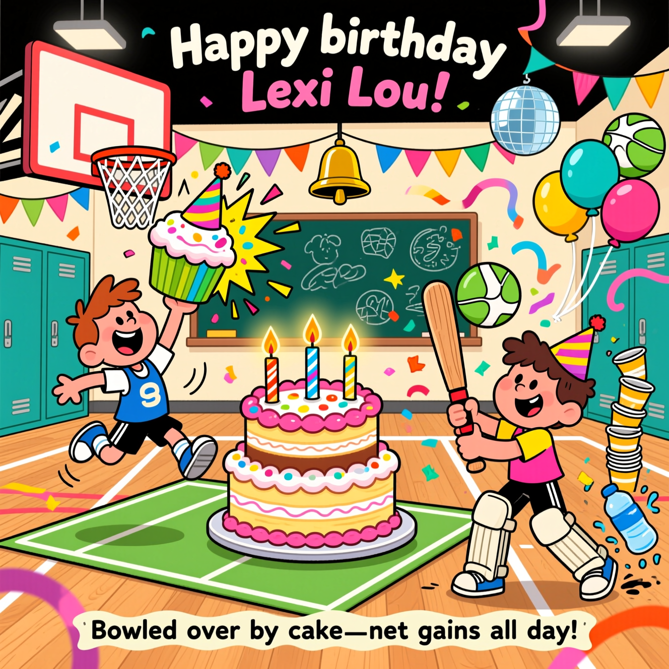 At the top of the Cartoon Style image, Happy birthday Lexi Lou

Playful, funny cartoon scene in a lively school gym turned party zone; thick black outlines, bright saturated colors, exaggerated proportions, and bouncy, whimsical poses. Center stage: a giant multi-layer cake parked on a mini cricket pitch mat; sparkling candles shaped like wicket stumps with glowing bails, a tiny netball as the cake topper wearing a party hat. Left foreground: a grinning kid in an oversized netball bib launches into a dramatic leap, accidentally slam-dunking a giant frosted cupcake through a netball hoop; rainbow sprinkles explode like confetti, with swoosh lines and starburst “impact” pops. Right foreground: another kid in comically huge cricket pads whacks a cricket-ball piñata with a wooden bat; candy sprays across the scene in a bright arc. Background: a cheerful school gym—wooden floor with painted court lines, lockers, a chalkboard scoreboard with doodles (no words), a disco-ball school bell, colorful bunting, balloons shaped like netballs and cricket balls, streamers swirling. Add slapstick touches: a wobbling stack of paper cups, a party hat flying off, a water bottle mid-splat, and energetic motion lines everywhere.

Style and color: 2D playful cartoon with a clean vector feel, thick outlines, glossy highlights, and expressive faces. Vivid saturated palette—teal, magenta, lemon yellow, lime, and tangerine. Wide-angle, low-ish viewpoint for dynamism; bright, cheerful lighting with soft shadows.

Text treatment: hand-lettered, bold, fun. Top line large and clear. At the bottom, add a small cheeky caption on a wavy ribbon: “Bowled over by cake—net gains all day!” Only include these two text elements; no other text or logos.
Generated with these themes: Netball, Cricket, School, Parties , and .
Made with ❤️ by AI.