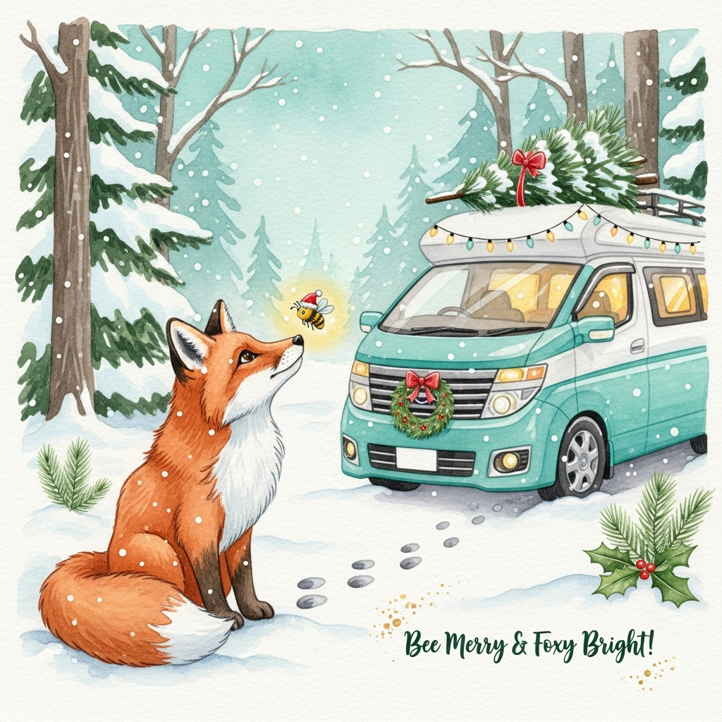 FOx looking at a bee, Turquoise & white nissan elgrand campervan , Christmas , and Christmas Card