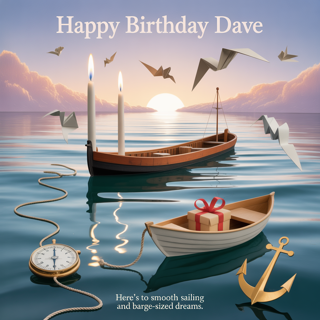 At the top of the Surreal Style image, "Happy birthday Dave"

At the bottom of the image, "Here’s to smooth sailing and barge-sized dreams."

- Dreamlike, Dali-inspired surreal seascape: a sky-canal arcs across a pastel dawn, its glassy water reflecting a soft, pearly sun.
- Centerpiece: a stately wooden barge gliding serenely, its hull subtly melting into ribboned water; on deck, tall lighthouse-candles glow, their flames releasing tiny paper boats that drift upward.
- Foreground: a small rowboat gently keeps pace beside the barge, tethered by a rope looping into a quiet heart; inside rests a glowing compass and a neatly wrapped gift.
- Time motifs: pocket-watch buoys drip liquid time into the canal; a crescent-moon anchor floats weightlessly, casting a gentle halo.
- Fauna and motion: origami gulls folded from nautical charts unfurl midair into real birds; reflections stretch like silver silk.
- Lighting and palette: ethereal mist, honey-gold highlights, lavender and deep sapphire gradients, long soft shadows for a sincere, tranquil mood.
- Typography treatment: render the headline as luminous, rope-like hand lettering woven from starry threads; set the punchline on a calm band of mist near the waterline, warm and understated.
Generated with these themes: Boat, Barge, and .
Made with ❤️ by AI.