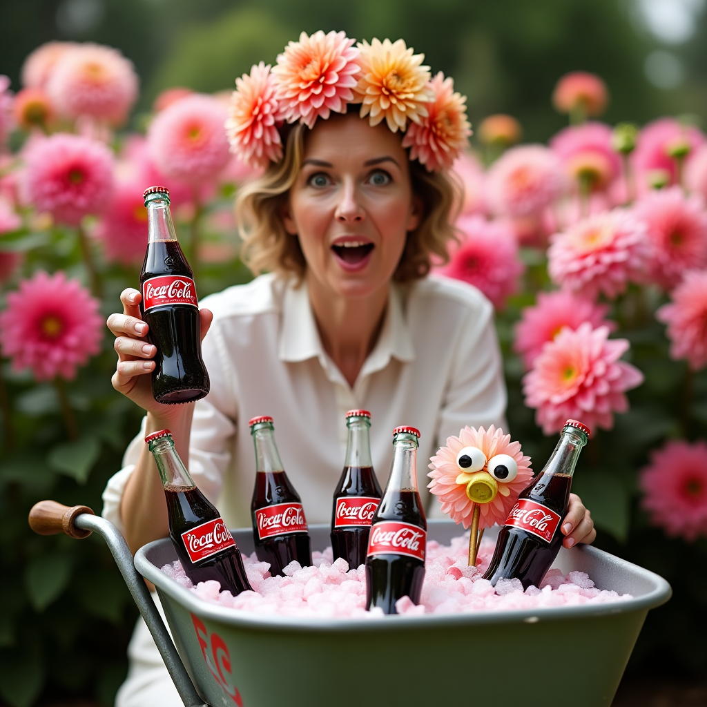 **Prompt:**

At the top of the realistic photograph image, *Happy Birthday Jill, you're blooming fabulous (and fizz-tastically carbonated!)*

A realistic, high-resolution humorous birthday photograph featuring a surprised woman (mid-50s) sitting in a luxurious garden overflowing with massive blooming dahlias of all colors. She’s wearing a floral crown made of dahlias and is holding a vintage glass Coca-Cola bottle like it’s champagne. Several more Coke bottles are chilling in an old-fashioned wheelbarrow full of ice and petals beside her. One particularly cheeky-looking dahlia seems to be sipping a mini straw from a Coke bottle. The atmosphere is light-hearted, bright, and silly – an over-the-top floral Coca-Cola birthday celebration bursting with color, joy, and fizzy ridiculousness. Realistic lighting and photographic quality – as if it was taken on a bright summer afternoon.
Generated with these themes: Dahlias, and Coca cola.
Made with ❤️ by AI.