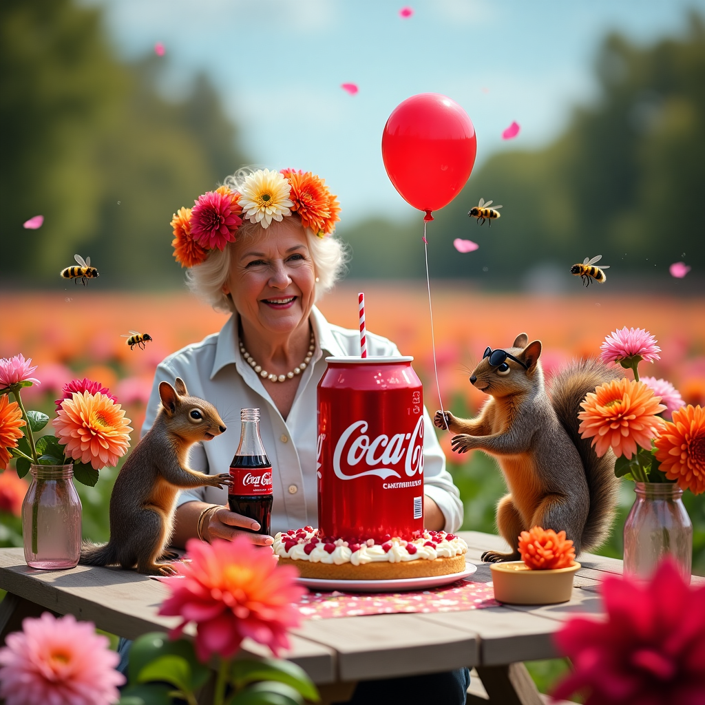 **Image Prompt:**  

At the top of the realistic photograph image, *Happy Dahlia-Day, Jill — you're in full bloom and fully fizzed!*  

A humorous, realistic photograph of a glamorous garden scene: a picnic table set up in the middle of a dahlia field, covered with vases exploding with colorful dahlias. Sitting at the table is a classy, sassy-looking older woman (Jill) wearing a flower crown made entirely of dahlias, holding a chilled glass bottle of Coca-Cola with a straw. A birthday cake made to look like a giant red Coca-Cola can is surrounded by buzzing bees eyeing it suspiciously. A squirrel in party sunglasses tries to pop a birthday balloon, while another wears a "Dahlia Queen" sash. Laughter in full bloom, bubbles rising from the cola bottle, and bright petals floating on the breeze bring a lively, whimsical atmosphere to the shot.
Generated with these themes: Dahlias, and Coca cola.
Made with ❤️ by AI.