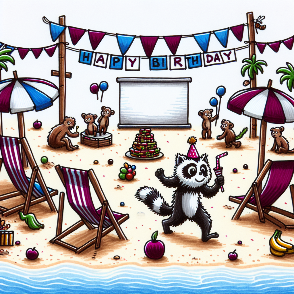 Picture an amusing hand-drawn beach party celebrating a birthday. The sandy surface is decorated with deck chairs and parasols in claret and blue, representative of the Aston Villa Football Club's colors. A charming, peculiar three-legged black and white cat with a tiny party hat is seen chasing after fruits such as apples and bananas near a DIY movie screen. The sounds of chatter from the various guests fill the air, alongside the gentle aroma of IPAs. In this jovial environment, easy peelers, a variety of citrus fruit, are being handed out, contributing a sweet tangy twist to the festive ambiance.
Generated with these themes: Aston Villa, Cinema, IPAs, Our three legged Tuxedo Cat, Apples, bananas and easy peelers, and The beach.
Made with ❤️ by AI.