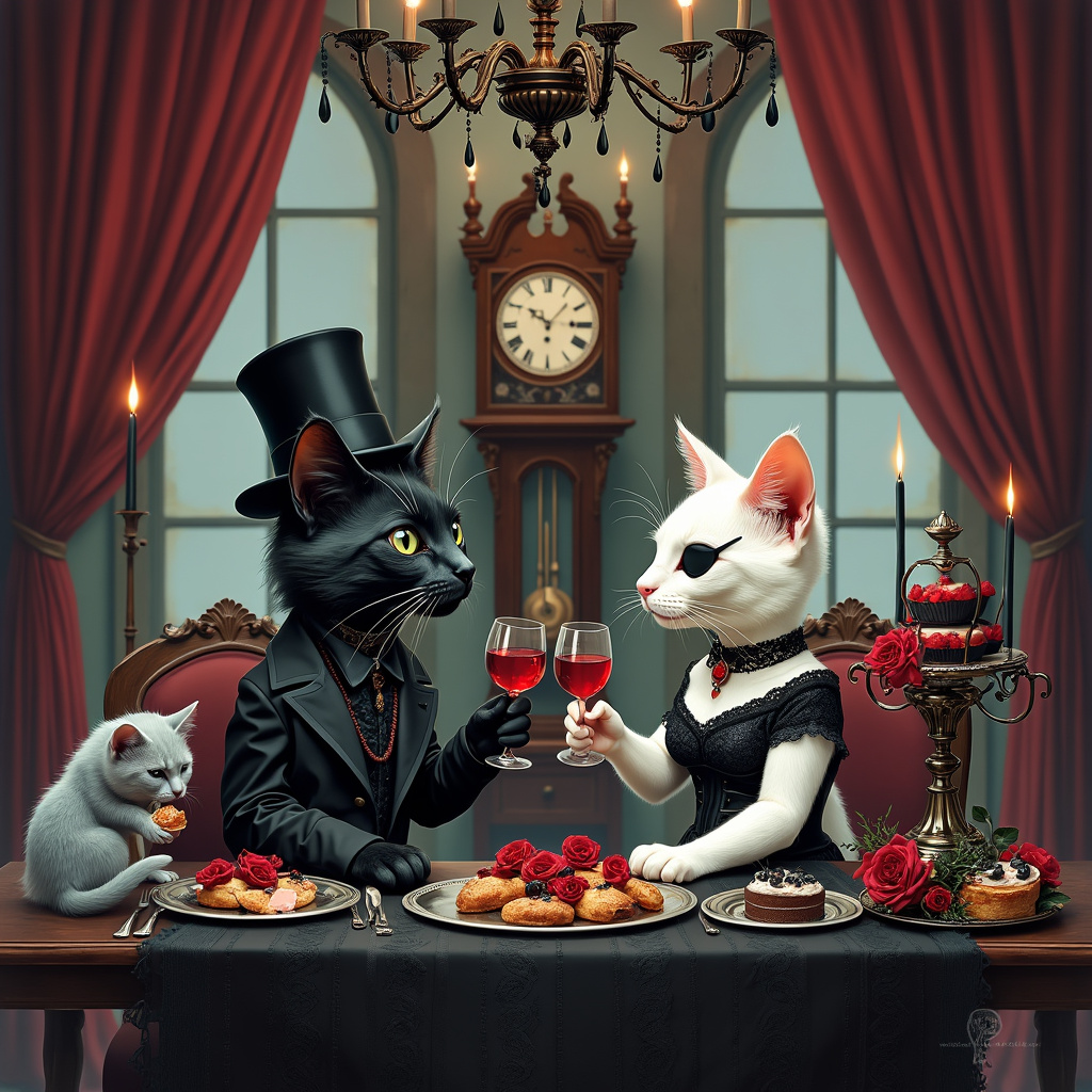 On the front cover of the anniversary card, envision a quirky, gothic-tinged scene set in a grand, old Victorian mansion, with dark and ornate decor. Picture an opulent room with tall, arched windows framed by heavy, velvet curtains in deep burgundy. In the center, a large antique wooden table is set for an intimate dinner. The table is adorned with a black lace tablecloth, red roses in a tarnished silver vase, and vintage candle holders with dripping black wax candles casting a warm, flickering glow.

Sitting at the table, facing each other, are two cats dressed in gothic, alternative attire. One cat, with sleek black fur, is wearing a miniature top hat, a tiny, intricately designed waistcoat, and a monocle. The other cat, a fluffy white feline with one black eye patch, is donning a black velvet choker with a red gemstone, a tiny corset, and a tattered lace shawl. They are clinking miniature wine glasses filled with red liquid (catnip tea, perhaps?).

In the background, a grandfather clock with gothic carvings looms, its pendulum swinging ominously. A wrought iron chandelier hangs above, adorned with more black candles. Adding to the alternative feel, the walls are decorated with dark-themed paintings and vintage posters of classic gothic bands.

To the side, a ghostly gray cat with a mischievous grin is sneaking a piece of fish from a silver platter on a sideboard, which is laden with delectable treats like tiny fish-shaped pastries and a tiered cake with black frosting and intricate white lace piping.

This scene captures a whimsical, gothic, and alternative anniversary celebration, with all the rich details needed for an artist to bring it to life on the front cover of a greetings card.
Generated with these themes: Cats, gothic, alternative .
Made with ❤️ by AI.