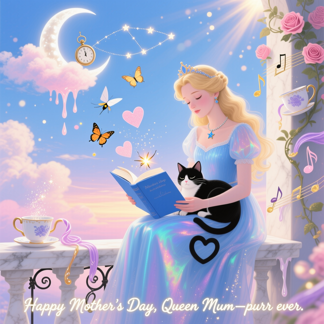 Portrait, image-first. Dreamlike surreal Mother’s Day scene on a twilight balcony: a blonde princess in a flowing, iridescent blue gown sits on a gently melting marble balustrade, reading an open, sky-blue book. Ink letters drift from the pages as glowing fireflies and paper butterflies that lift into heart-shaped constellations. A black-and-white cat curls contentedly in her lap, tail forming a soft heart, eyes half-closed, tiny star charm on its collar. Wrought-iron rails soften and droop like taffy, curling into roses and musical notes; trailing vines sprout porcelain teacups that pour ribbons of stardust. Above, a pearly crescent moon sags like a pocket watch over cotton-candy clouds; sunbeams bend playfully, bokeh sparkles, and dust motes shimmer like glitter. Palette: powder blues, blush pinks, creamy whites, pale gold, soft lavender. Cute, tender, whimsical. Dali-inspired melting forms, ethereal lighting, painterly texture, soft edges, high detail. Vertical composition with generous sky space.

Add one small hand-lettered caption along the lower edge in creamy white with a subtle gold glow (single line, unobtrusive):
“Happy Mother’s Day, Queen Mum—purr ever.”

No other text or logos.
Generated with these themes: A balcony with a blonde princess in a blue dress with an black and white cat in her lap while she is reading, and .
Made with ❤️ by AI.