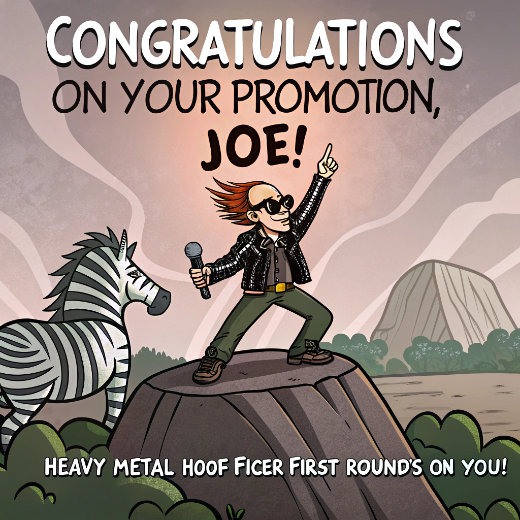At the top of the Cartoon Style image, "Congratulations on your promotion, Joe!"

At the bottom of the image, "Heavy metal hoof-ficer—first round's on you!"

Create a bold, funny cartoon scene: In the center, a triumphant zebra “Joe” strikes a power pose atop a giant craggy rock stage, throwing up metal horns. He’s rocking an oversized leather jacket with shiny metal studs, chunky sunglasses, and a wildly spiked mohawk mane. Surround him with a zebra rock band: one shreds an electric guitar shaped like a giant silver fork, another bangs a drum kit made from gleaming metal pots and pans, and a third slaps a bass shaped like a baguette. A cheering herd of zebras in loosened office ties mosh below, waving frosty drinks (sodas, milkshakes, sparkling mocktails) and juggling cartoon-tall burgers, pizza slices, and donuts. Scatter confetti shaped like lightning bolts and chrome guitar picks; add neon spotlights and starbursts. Keep the top and bottom areas clear for the text. Style it with thick black outlines, bright saturated colors, exaggerated proportions, and high-energy, whimsical poses; chrome highlights on metal bits, and playful crumb-and-fizz details on the food and drinks. Dynamic, slightly low-angle composition to make Joe feel larger-than-life.
Generated with these themes: Zebras, rock, metal, drink, food, and .
Made with ❤️ by AI.