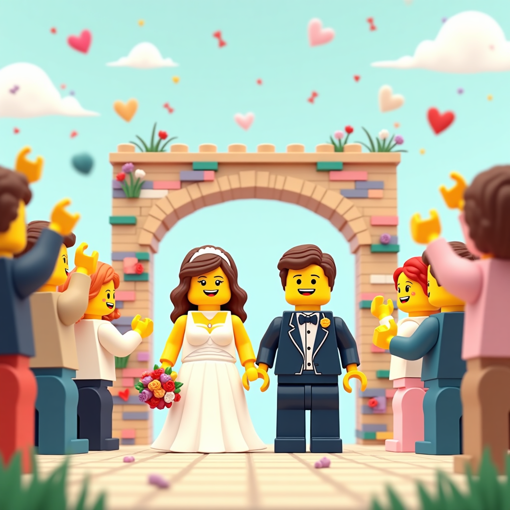 At the bottom of the Vector Style image, write in playful blocky lettering: **“Anna and Ben, You’re Now Officially Brick-Together Forever!”**

Create a cute flat-vector style illustration of a Lego-themed wedding scene:  
- A Lego bride and groom standing hand-in-hand at the center, smiling joyfully, both built from classic Lego pieces but with adorable expressive faces.  
- The bride has a little Lego-style white dress and a tiny bouquet of colorful Lego flowers; the groom wears a tiny Lego tuxedo with a bow tie.  
- Behind them, a whimsical Lego archway decorated with Lego flowers, hearts, and pastel bricks forming a cheerful backdrop.  
- Around the couple, Lego guests cheer, throwing tiny Lego confetti pieces into the air.  
- The ground is built from Lego tiles, and the background sky is soft pastel blue with stylized flat clouds and floating Lego heart shapes.  
- Overall tone: vibrant, cute, and celebratory with a crisp clean vector finish.  
Generated with these themes: Lego wedding , and .
Made with ❤️ by AI.