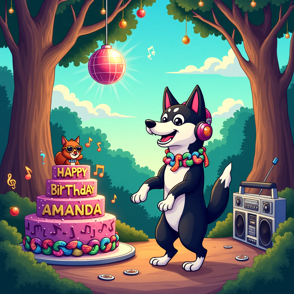 In this quirky cartoon birthday scene, the setting is a vibrant 1980s-themed dance party taking place in a lush, dreamlike forest clearing. In the center, a lively black and white Alaskan Klee Kai, with a whimsical pair of oversized headphones, grooves on its hind legs. The dog is wearing a flashy, glittering necklace made of colorful cassette tapes linked together, sparkling under a disco ball suspended from an ancient oak tree. The forest is alive with vibrant colors, though the Alaskan Klee Kai maintains its monochrome pattern, adding an amusing contrast.

To the left, a large cake shaped like a vinyl record stands on a table, with its icing designed in swirling psychedelic patterns typical of 80s album art. Emblazoned on the top of the cake in shiny, edible gold letters are the words "Happy Birthday Amanda," the letters arranged to mimic musical notes on a staff. Surrounding the cake, there's a collection of vintage 80s boomboxes, from which cartoon-style music notes and animated sound waves bounce energetically into the air, creating a playful cacophony.

In the background, towering trees are adorned with shimmering jewelry that dangles like fruits, catching the multicolored light beams flashing from the disco ball. Hidden among the branches, a cheeky little squirrel, decked out in a tiny pair of shutter shades and a bejeweled collar, mischievously peeks at the festivities below.

Above the scene, fluffy clouds float by, and one of them has a faint outline of "Amanda" naturally shaped by the wisps, a subtle touch in the sky that nods to the special occasion. This whimsical forest disco scene captures a snapshot of a joyful celebration, seamlessly blending the themes of jewelry, the 80s, and music, all under the watchful, merry eye of the Klee Kai DJ.
Generated with these themes: Jewelry, 80's, Music, and Black and white alaskan klee kai.
Made with ❤️ by AI.