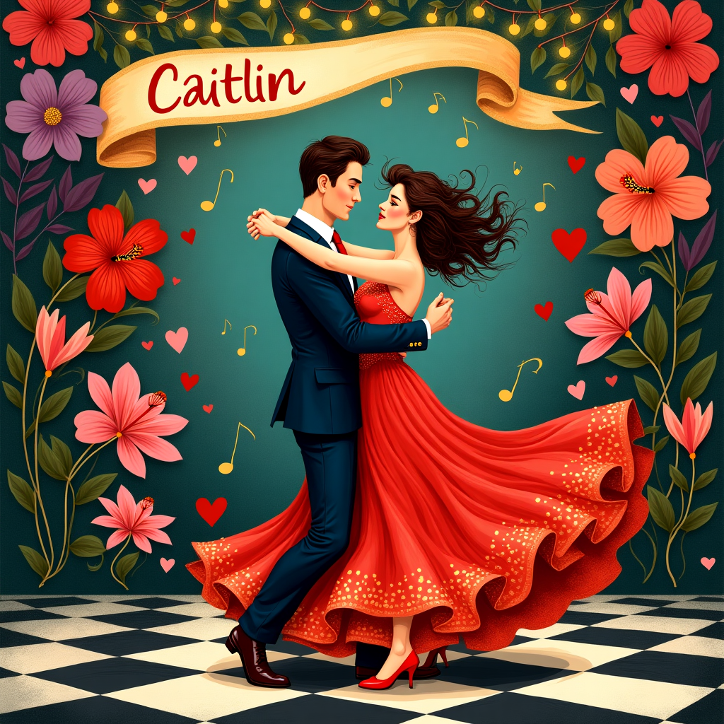 In this whimsically detailed Valentine's Day greeting card design, imagine a lively salsa dancing scene set against a backdrop reminiscent of Maxfield Parrish's luminous color palette and Quentin Blake's playful energy. 

The foreground features a couple in mid-dance, their forms a joyful tangle of movement. The man, wearing a sharp, midnight blue suit with a crimson tie, spins his partner with exuberance. The woman, clad in a swirling scarlet dress adorned with golden sequins, matches his enthusiasm with a dynamic pose, her dress forming a flurry of movement around her. Their feet, clad in shiny patent leather shoes, pivot with perfect syncopation.

Surrounding them, the floor is a checkerboard of black and white tiles, lending a touch of classic elegance to the scene. Around the couple, musical notes and swirling ribbons in shades of gold and purple weave through the air, as if echoing the rhythm of a vibrant salsa tune.

In the background, an array of oversized exotic flowers—hibiscus, orchids, and roses in deep reds, pinks, and oranges—form an enchanting jungle backdrop, adding a touch of Beardsley's intricate detail. High above, a canopy of fairy lights twinkle, casting a warm, golden glow reminiscent of Rockwell's nostalgic Americana.

In the upper left corner, a whimsical, hand-painted banner unfurls with the name "Caitlin" written in an elegant, flowing script, the letters formed by intertwined vines and tiny heart-shaped leaves. 

This illustration offers a rich tapestry of color and detail, capturing the spirited essence of a salsa-infused romance, perfect for a Valentine's Day greeting.
Generated with these themes: Salsa dancing romantic .
Made with ❤️ by AI.