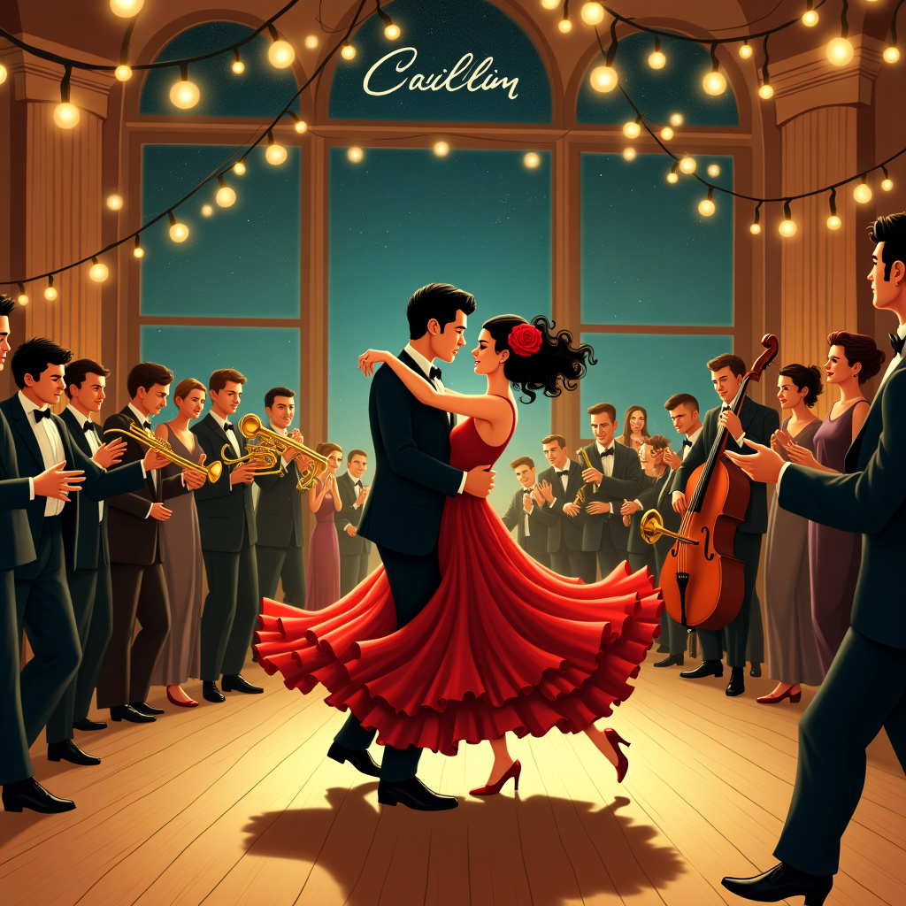 In the center of the scene, imagine a quaint, vintage dance hall with a polished wooden floor, illuminated by strings of glowing fairy lights hanging from the ceiling, casting warm amber hues across the room. In the forefront, a lively couple captured mid-salsa dance — the man with a sleek, dark pompadour and a classic bowtie, twirling his partner with a flourish. She has a voluminous, ruffled red dress swirling around her, reminiscent of a fiery flamenco dancer. Her hair, a cascade of curls, is adorned with a vibrant red rose. Their feet blur with motion, a testament to their spirited dance.

Surrounding them, an audience claps in rhythm, their hands mid-motion, frozen in time, a mix of gentlemen in vintage suits and ladies in elegant, flowing gowns from the early 20th century. The walls are adorned with art deco patterns in gold and deep burgundy.

In the background, an old-fashioned bandstand features musicians with brass instruments and an upright bass, depicted in exaggerated, comical proportions, inspired by the whimsical style of Quentin Blake. The trombone player leans dramatically, almost cartoonishly, into his instrument, while the drummer, with wild hair, strikes a cymbal with zeal.

High above, in the night sky visible through large, arched windows, "Caitlin" is whimsically written across a twinkling constellation, crafted from stars against the indigo backdrop of the night.

To the side, a charming banner unfurls along the wall, adorned with roses and filigree in a nod to Aubrey Beardsley’s intricate detail, completing the festive, romantic atmosphere. The scene is rich with detail, colors bursting with life, and every character and object tells a small part of the love story unfolding in this dance of devotion.
Generated with these themes: Salsa dancing romantic .
Made with ❤️ by AI.