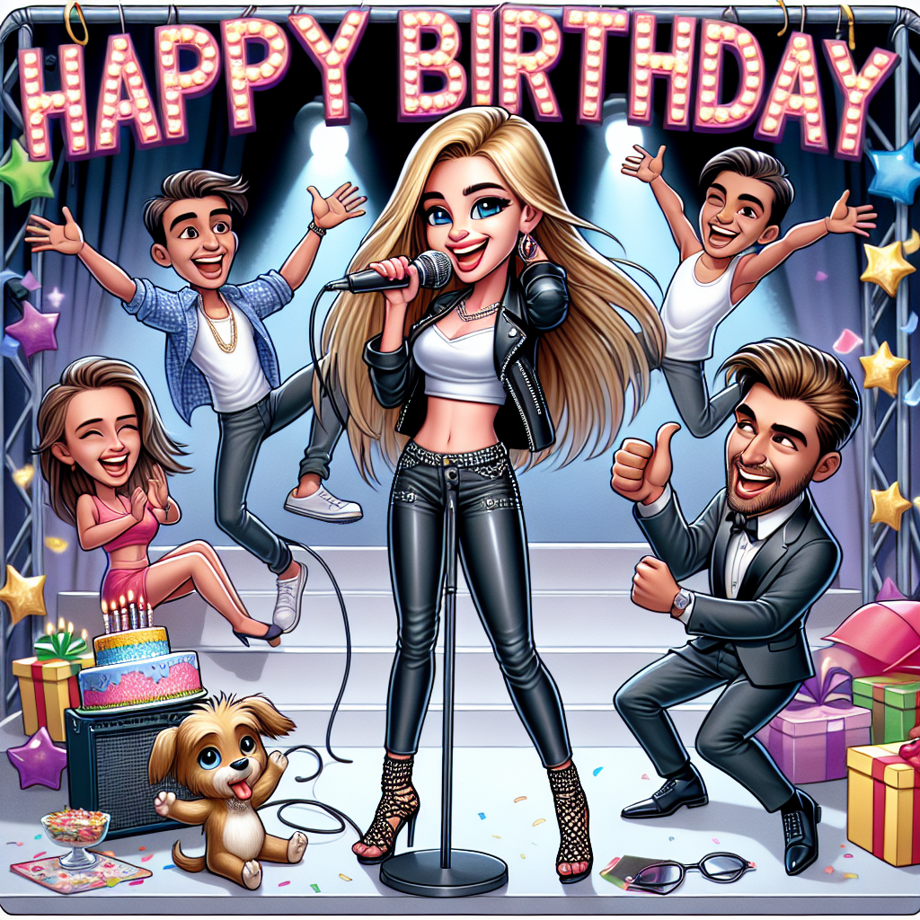 19 year old girl with long blonde hair singing into a microphone on stage, Dancing, Happy Birthday in the background, Harry Styles, Small stuffed dog toy, Glamorous, and Travel Birthday Card