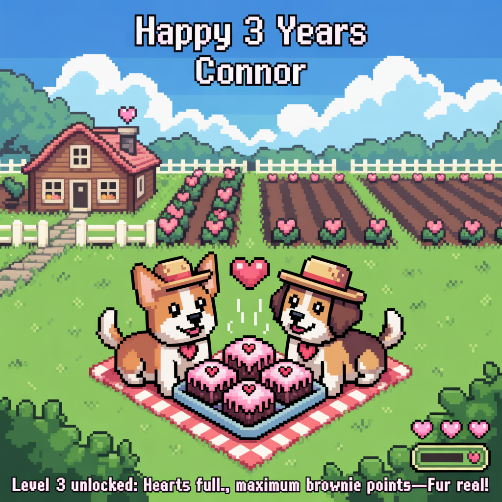 At the top of the Pixel Art Style image, "Happy 3 years Connor"

At the bottom of the image, "Level 3 unlocked: hearts full, maximum brownie points—fur real!"

Crisp 8-bit pixel art, vibrant limited palette, chunky square pixels, nostalgic farm-sim vibe inspired by Stardew Valley. Center the scene on a cozy pixel farm: a warm wooden farmhouse with a little chimney puffing heart-shaped smoke, white picket fence, neat tilled plots and flower beds arranged into a big heart and a giant “3” made of blossoms. In the foreground, two adorable pixel dogs (a corgi and a golden retriever) wearing tiny straw farmer hats and red bandanas sit on a heart-shaped gingham blanket, proudly presenting a steaming tray of glossy-frosted brownies with sparkles and tiny heart sprinkles; tails wagging, blushy cheeks, floating pixel hearts above them. Add a subtle HUD-like row of glowing hearts near the corner for extra game charm. Bright blue sky with puffy heart clouds, butterflies, and soft sunbeams. Use bold, chunky pixel lettering for the headline at the top and a smaller pixel banner for the punchline at the bottom for cute, readable contrast. Color palette: warm browns and caramels for brownies, sunny yellows, fresh farm greens, sky blues, and candy reds/pinks for hearts.
Generated with these themes: Stardew valley, Dogs, Brownies, and .
Made with ❤️ by AI.